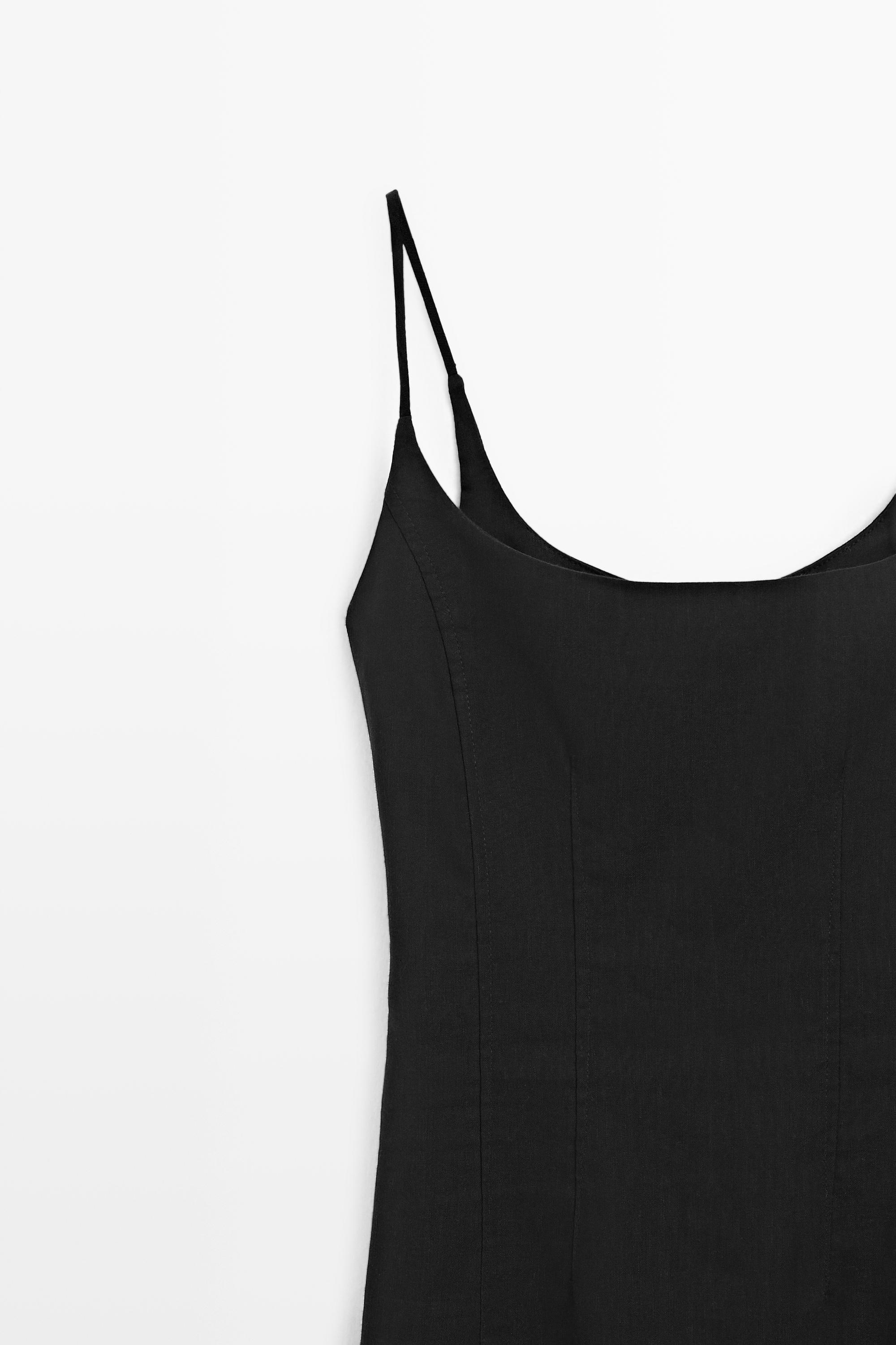 Linen-blend thin strap midi dress — BLACK