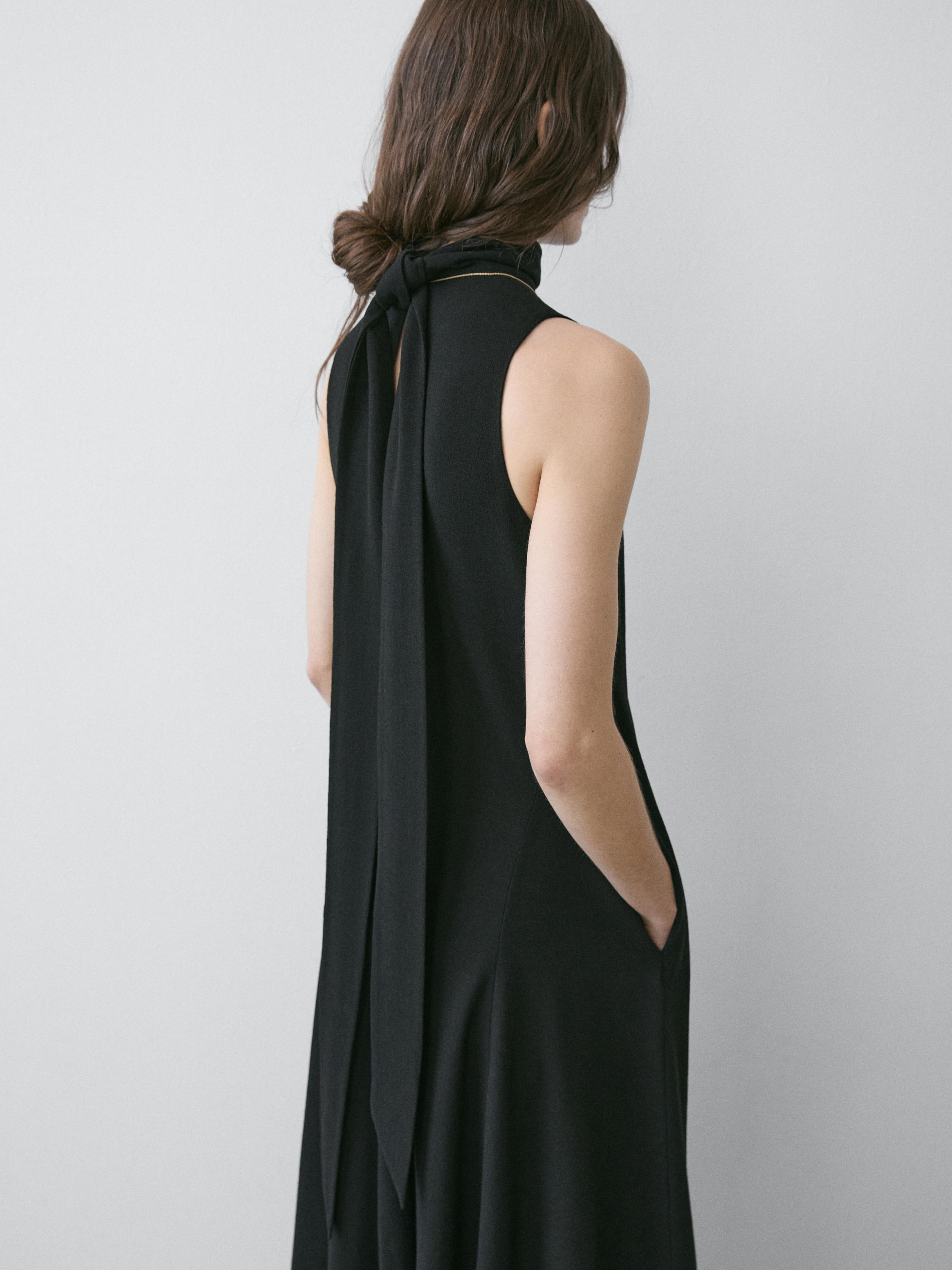 Halter neck midi dress with tie detail — BLACK