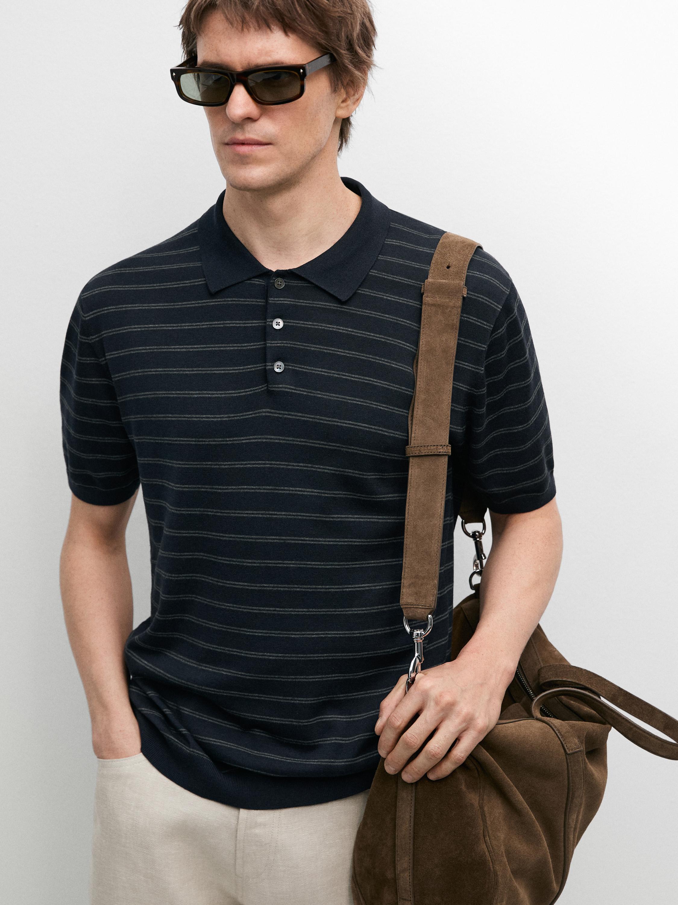 Cotton blend knit polo shirt with striped detail — NAVY BLUE