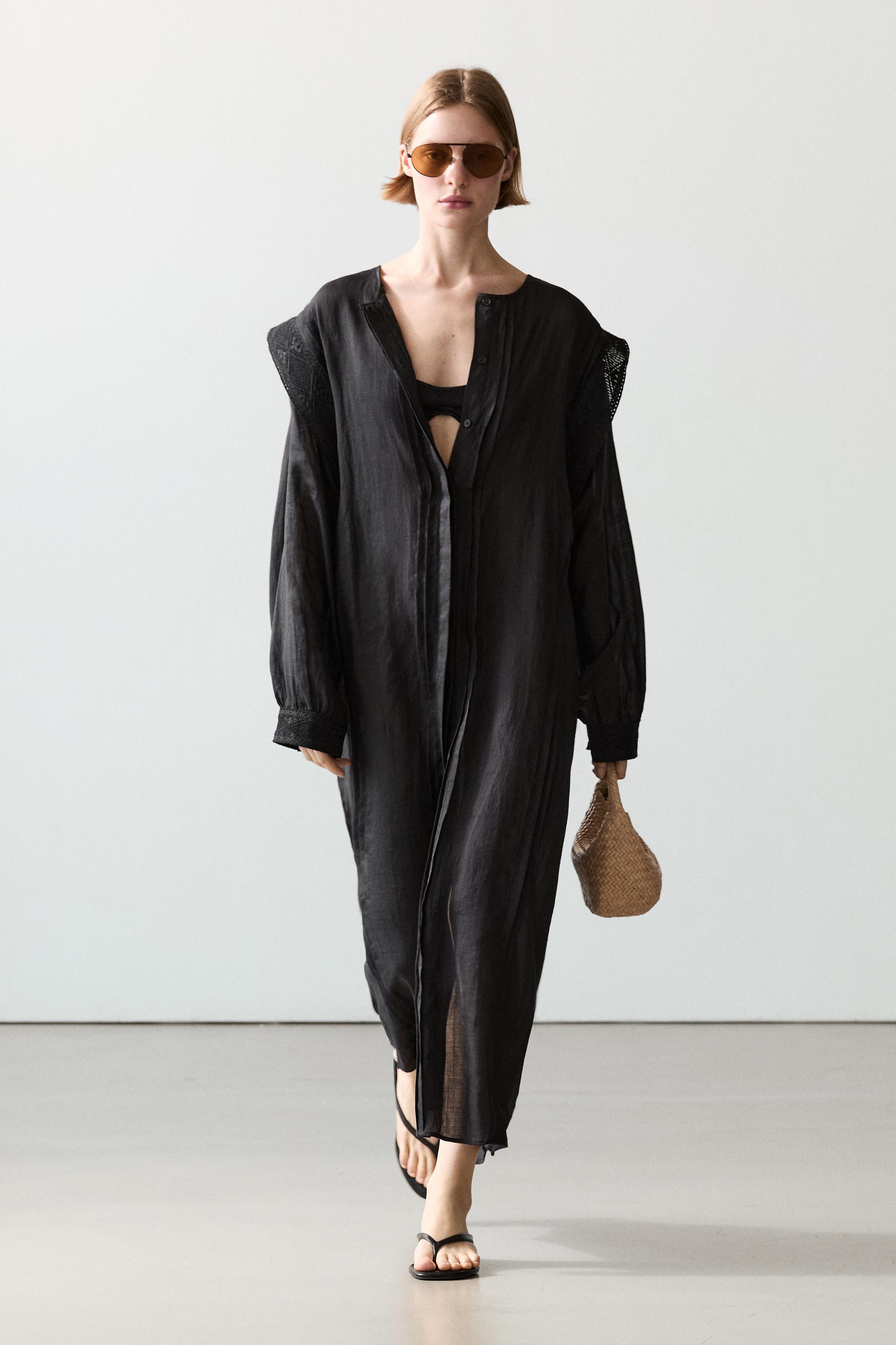 Midi dress with lace sleeves — BLACK