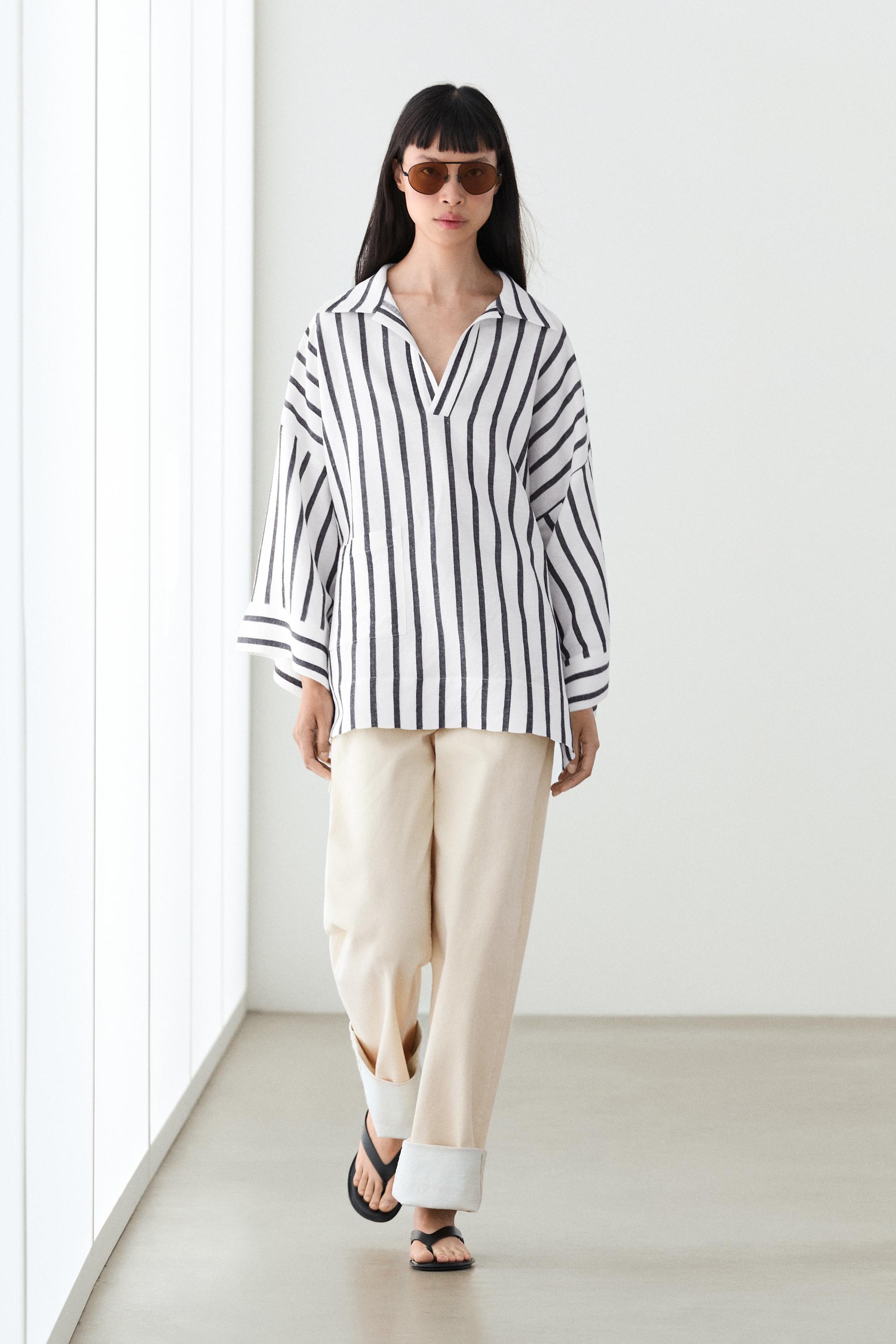 قميص مخطط مقاس كبير من الكتان المخلوط