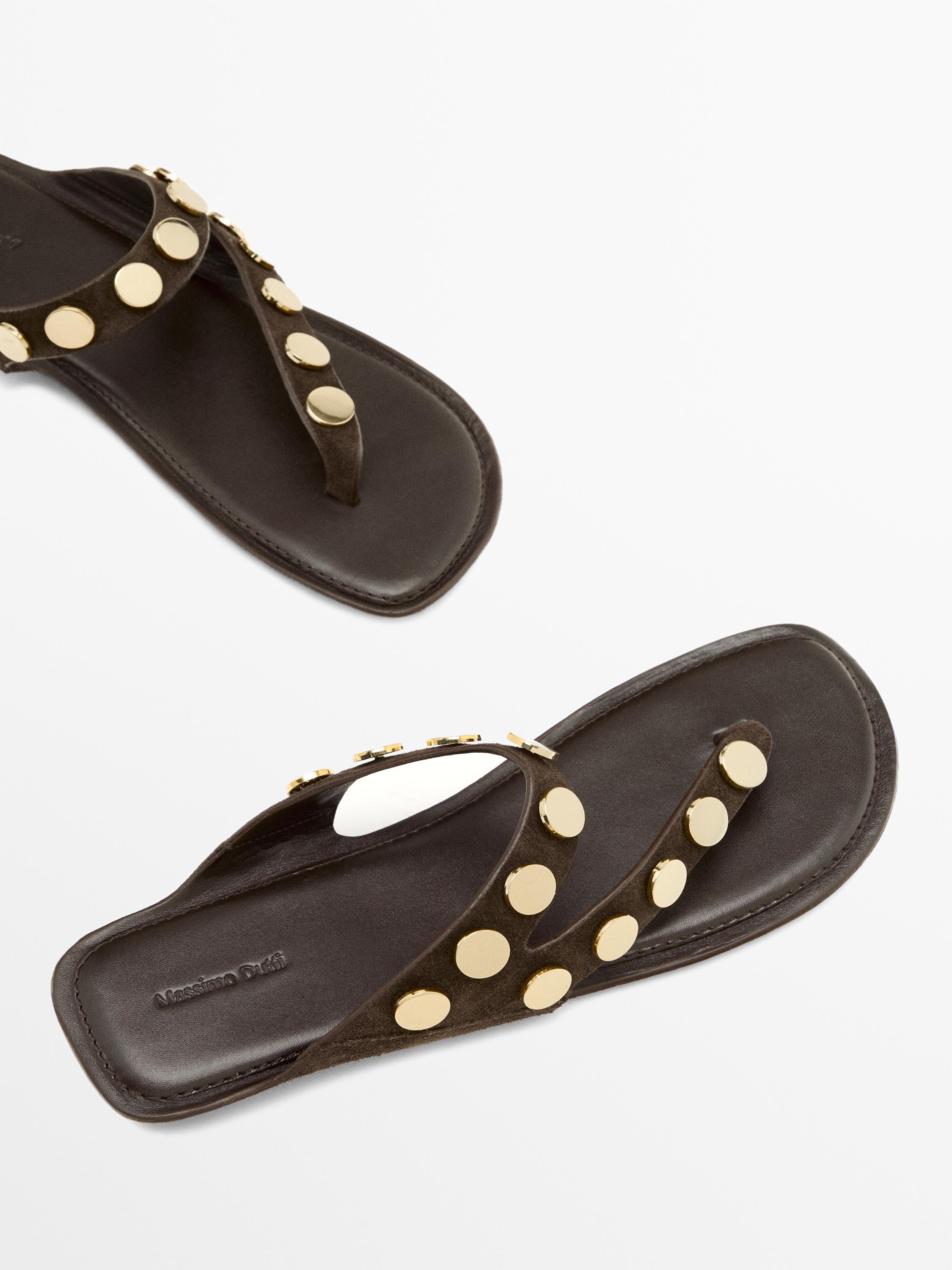 Metallic studded flat sandals — BROWN