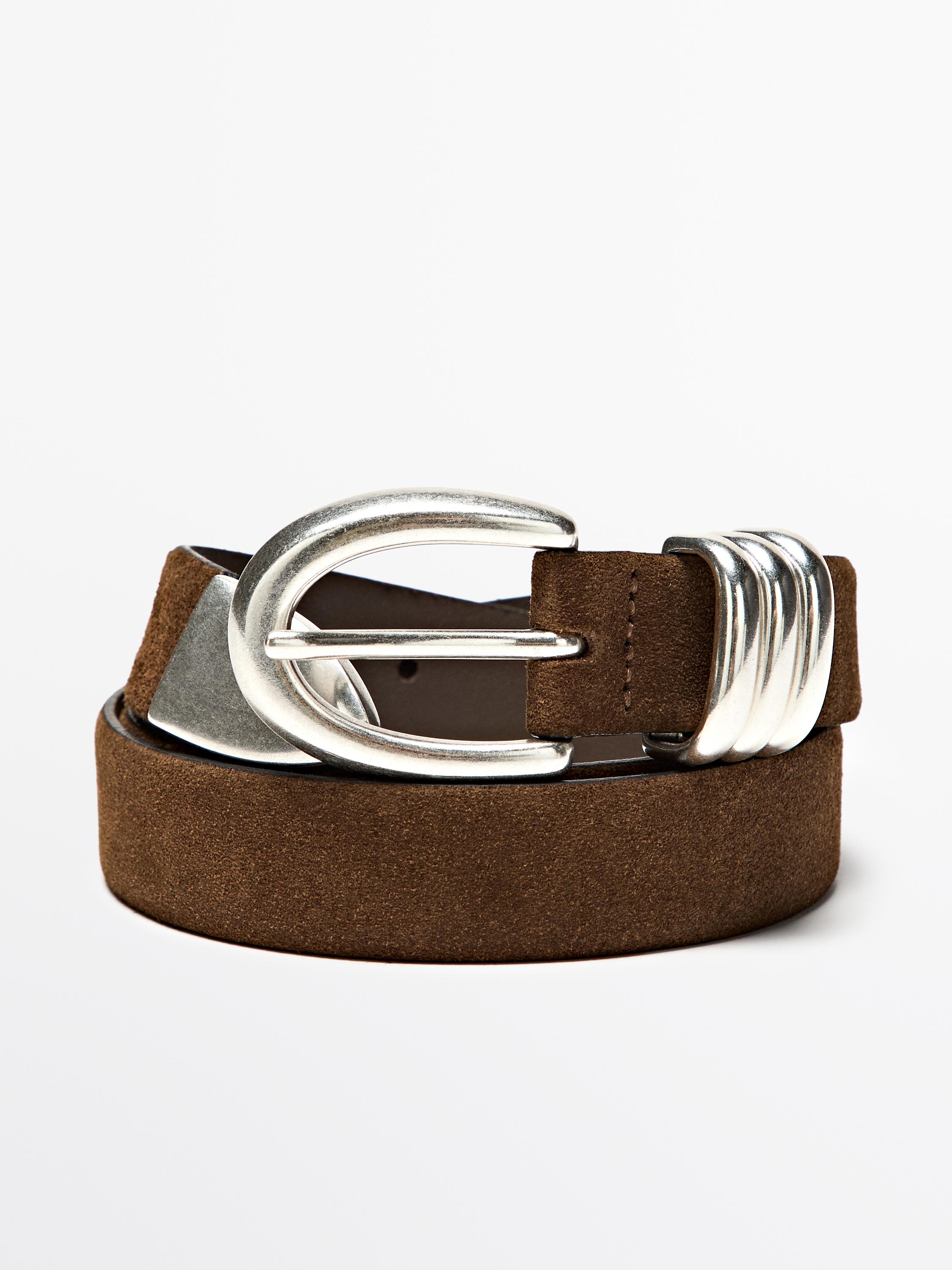 Split suede leather belt with metal detail — MOLE BROWN
