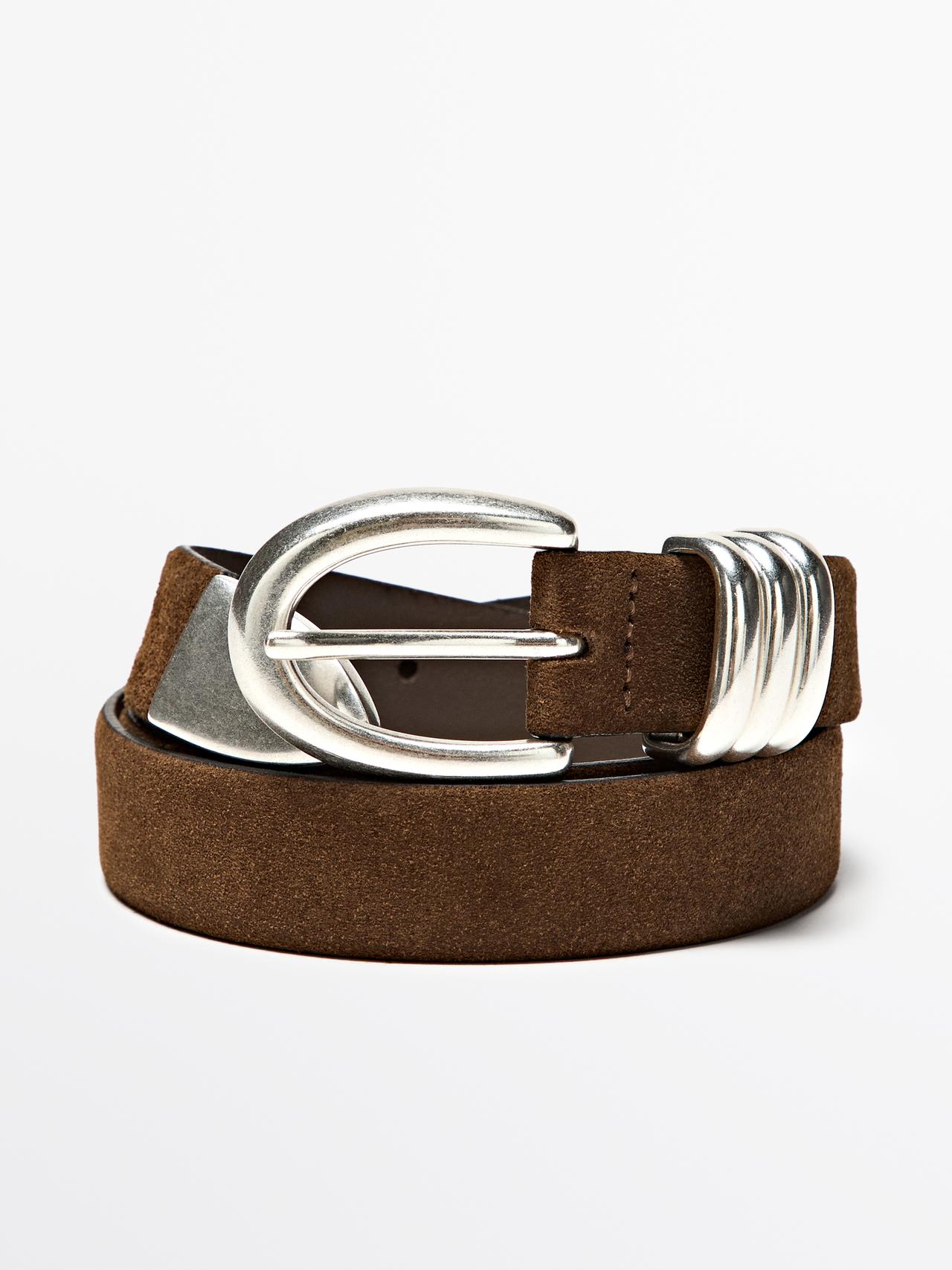Split suede leather belt with metal detail — MOLE BROWN