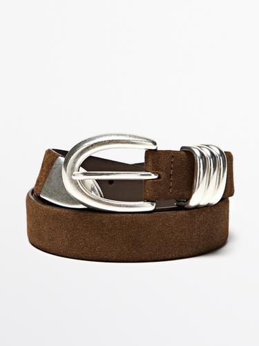 Split suede leather belt with metal detail — MOLE BROWN 4