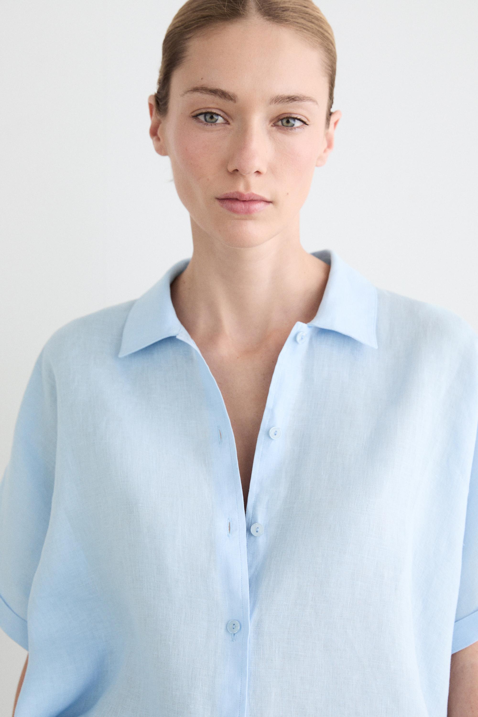 100% linen short sleeve shirt  Sky Blue  Shirts | Massimo Dutti