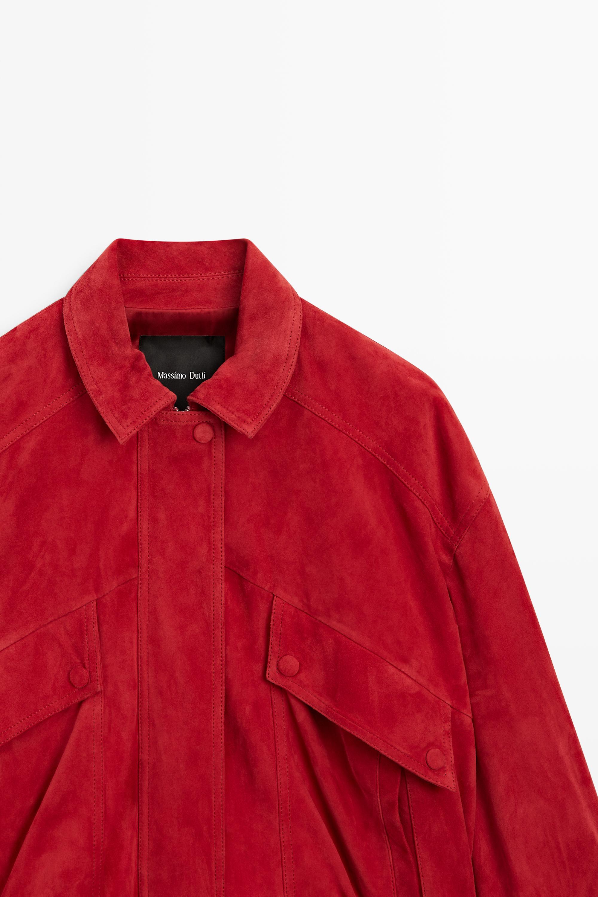 Suede leather bomber jacket with pocket details — RED