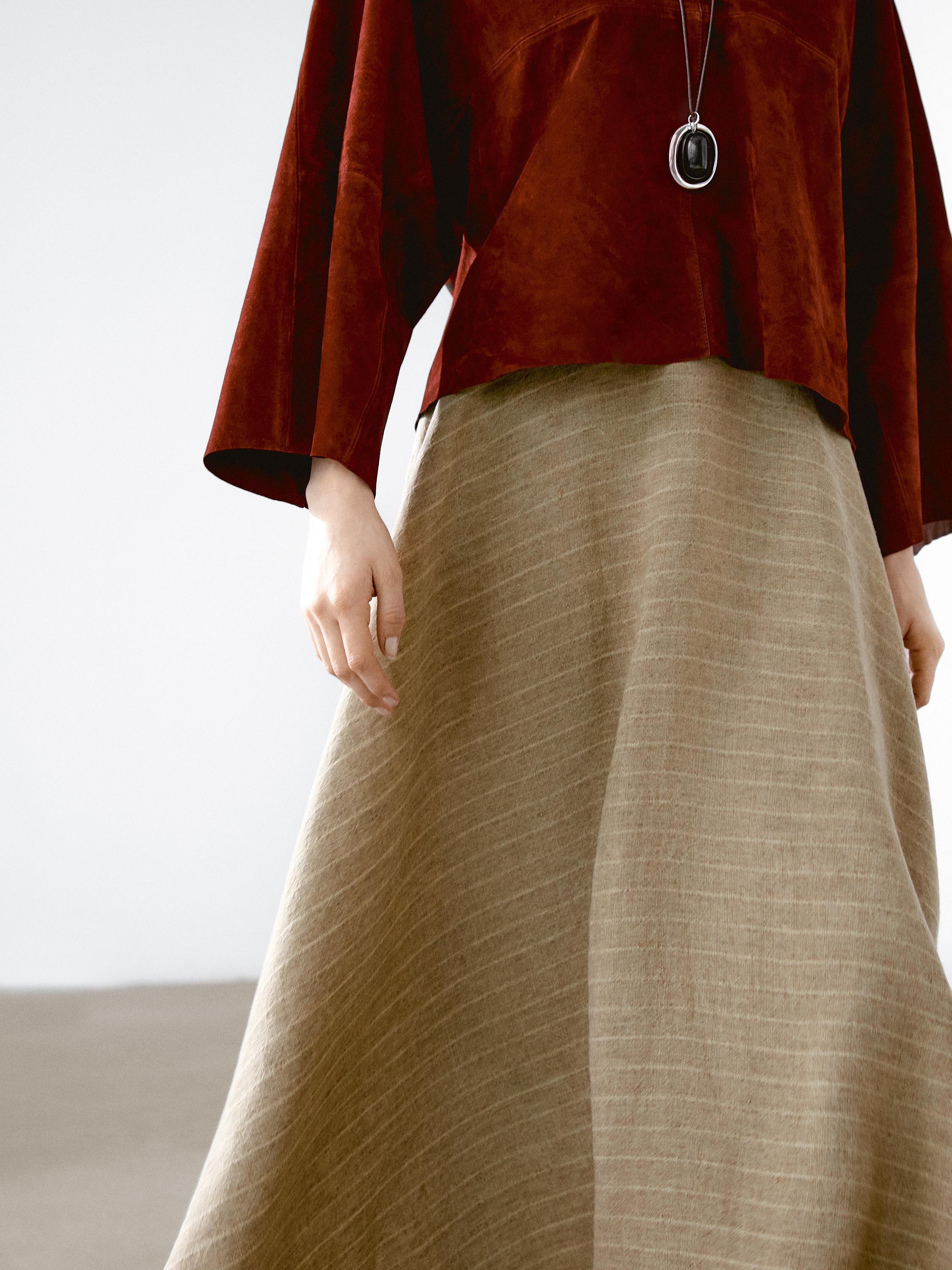 Flounce linen midi skirt with striped detail