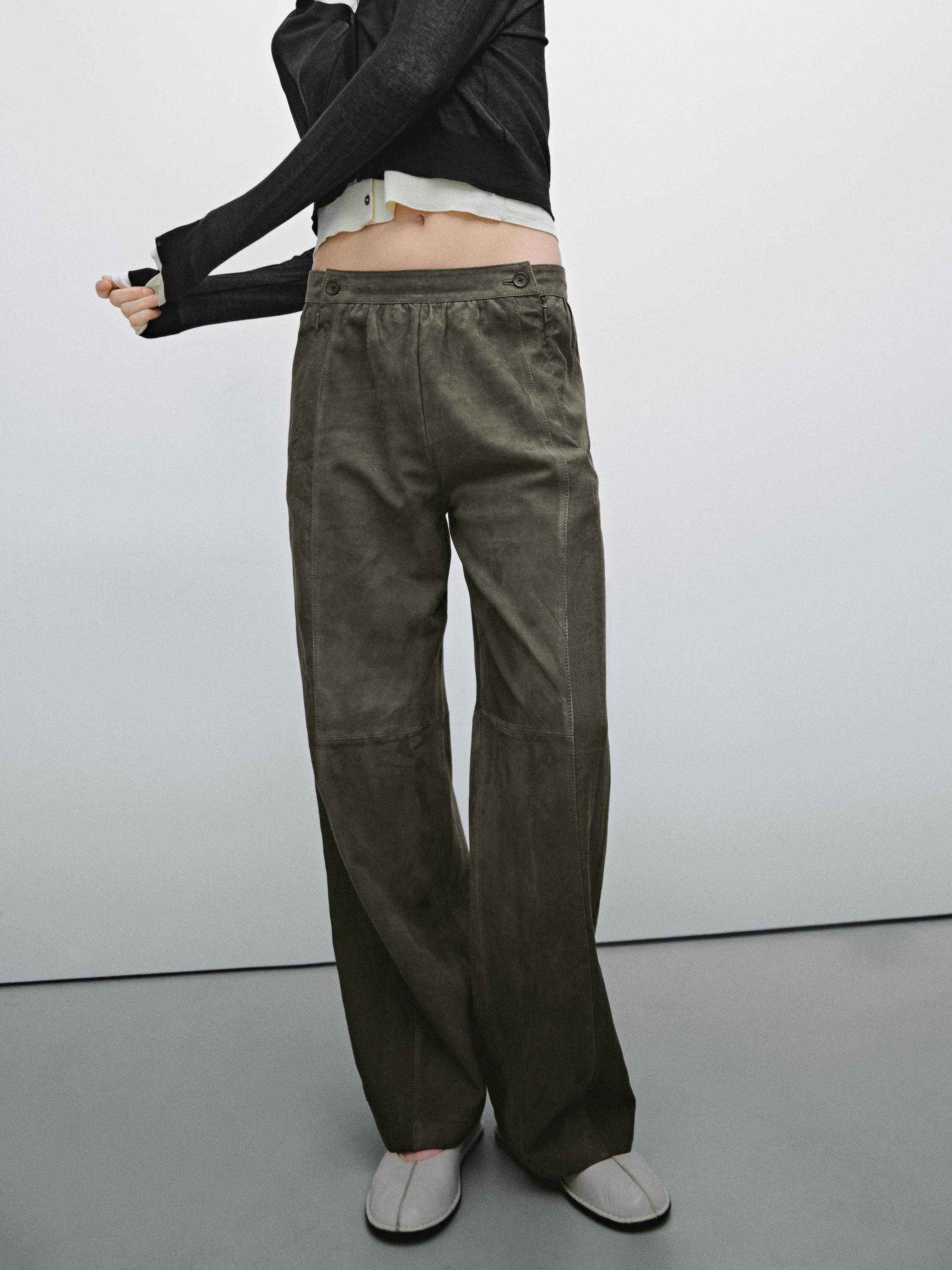 Pantalon en cuir effet daim et en lin