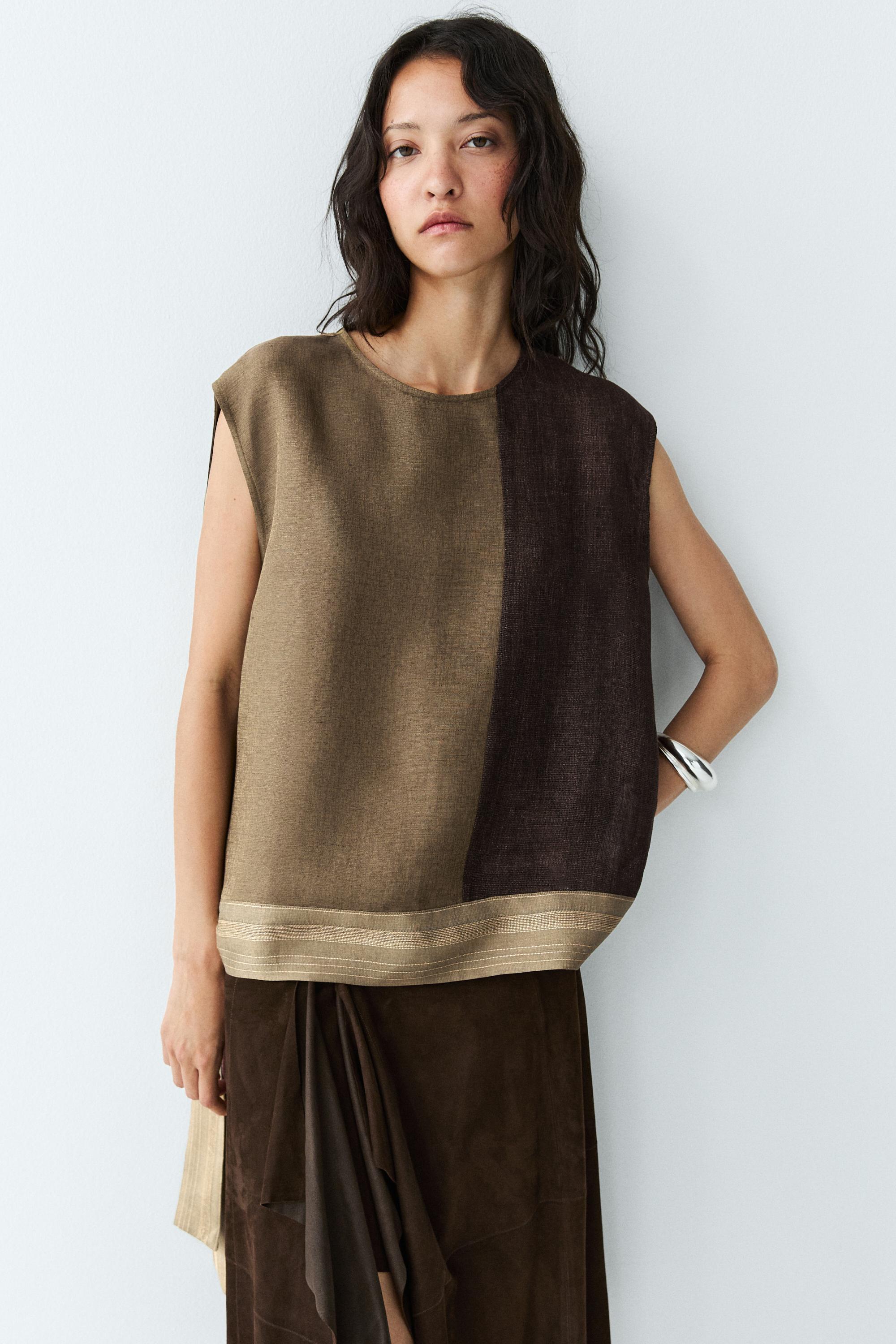 Linen-blend color-block flowing top — BROWN