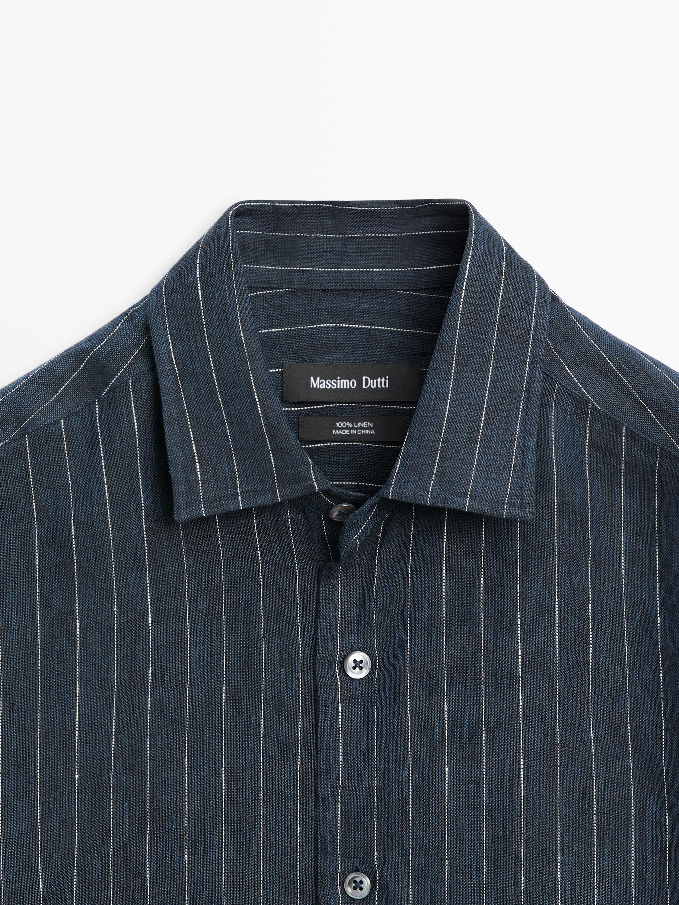 Regular fit striped linen shirt — NAVY BLUE