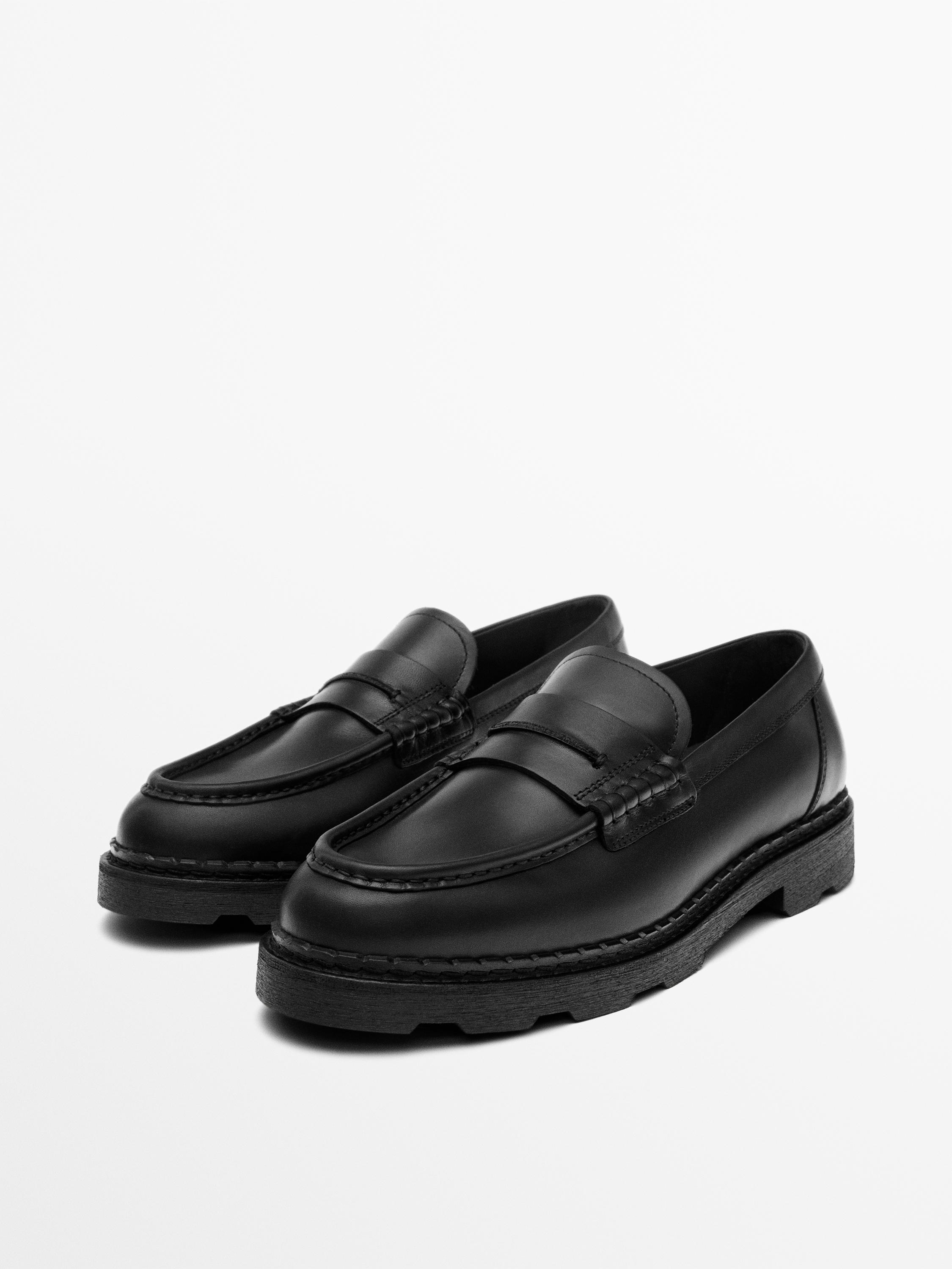 Leather track-sole loafers with penny strap — BLACK