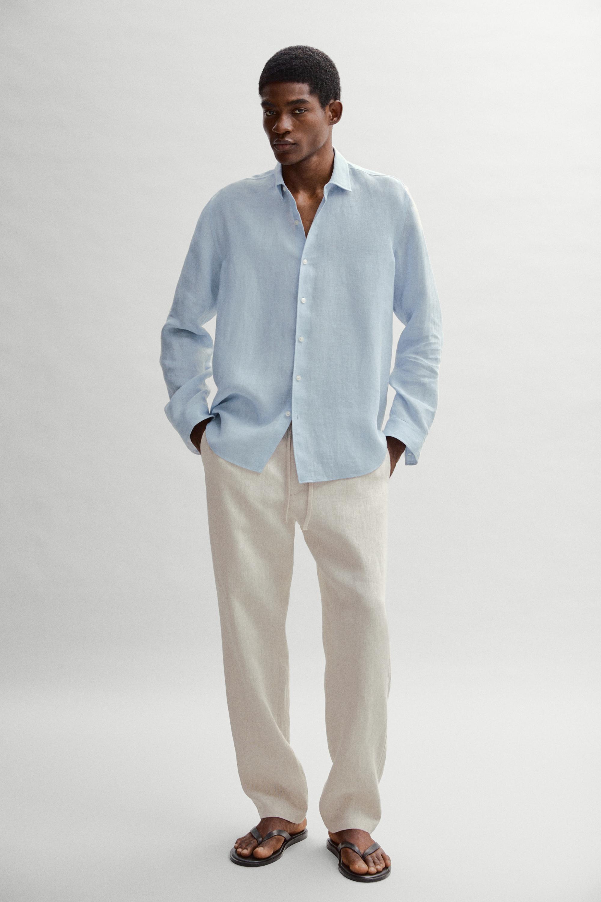Textured 100% linen regular fit shirt — BLUE