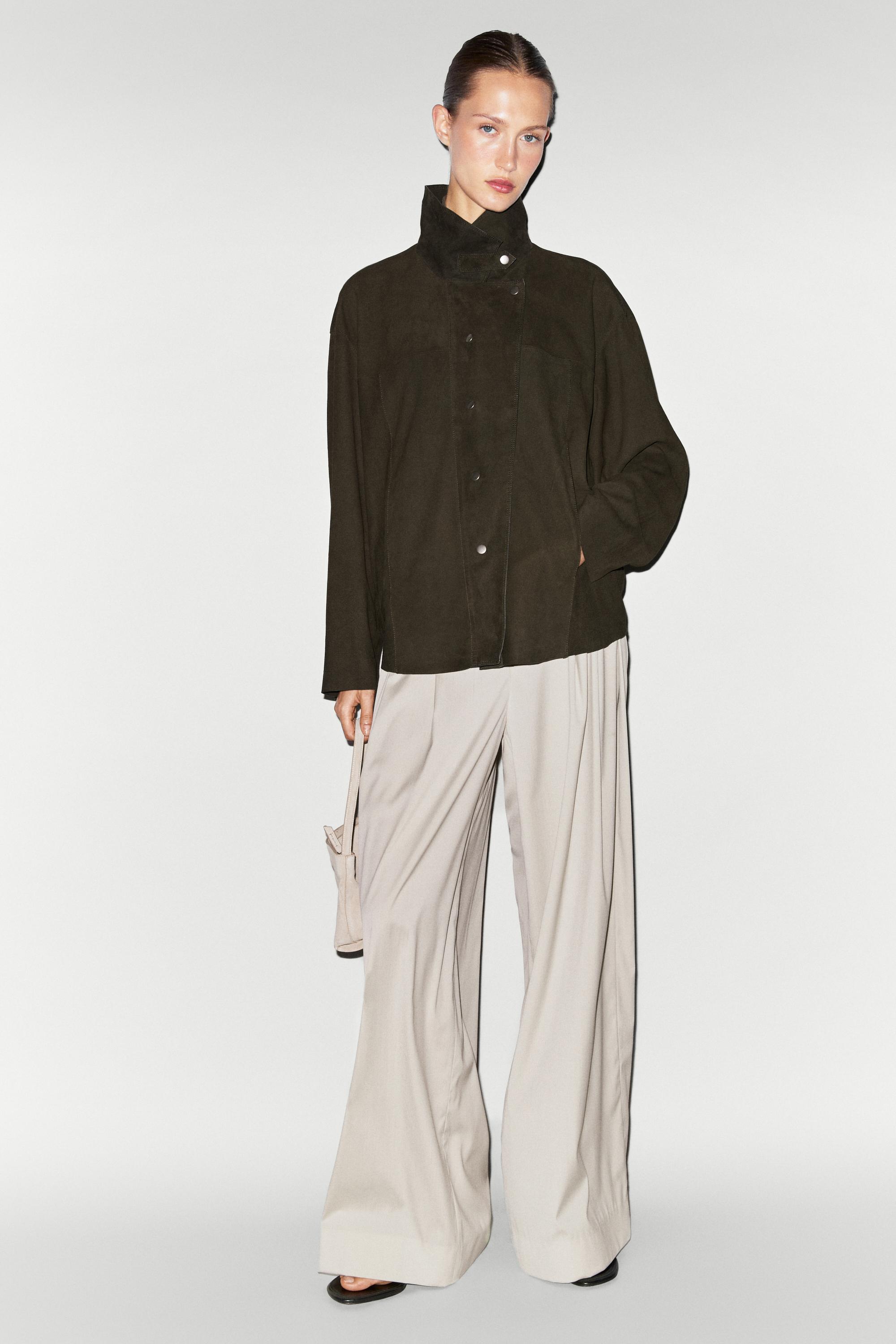 High-neck faux suede jacket — KHAKI