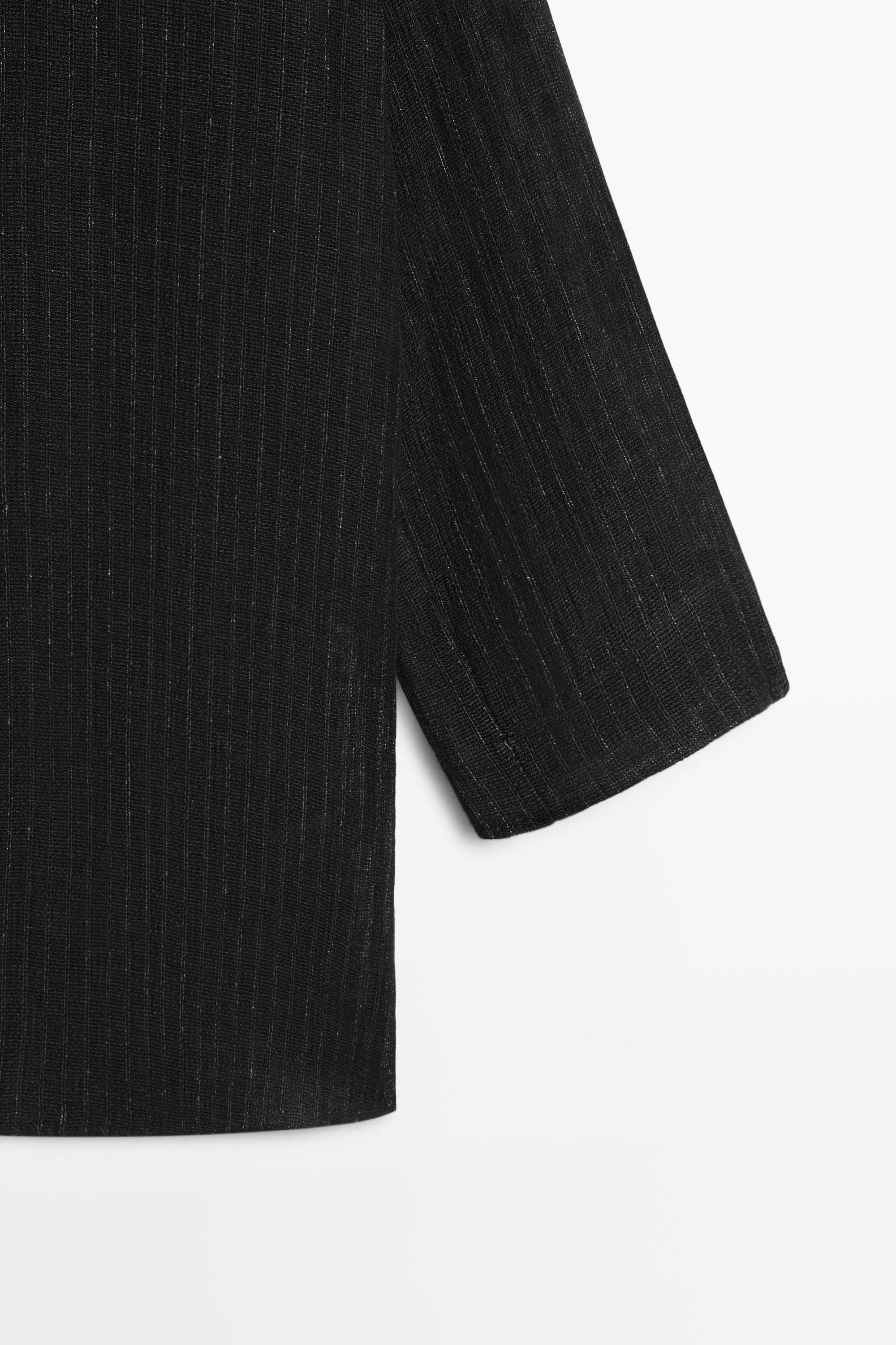 Striped linen blend oversize blouse with button detail — BLACK