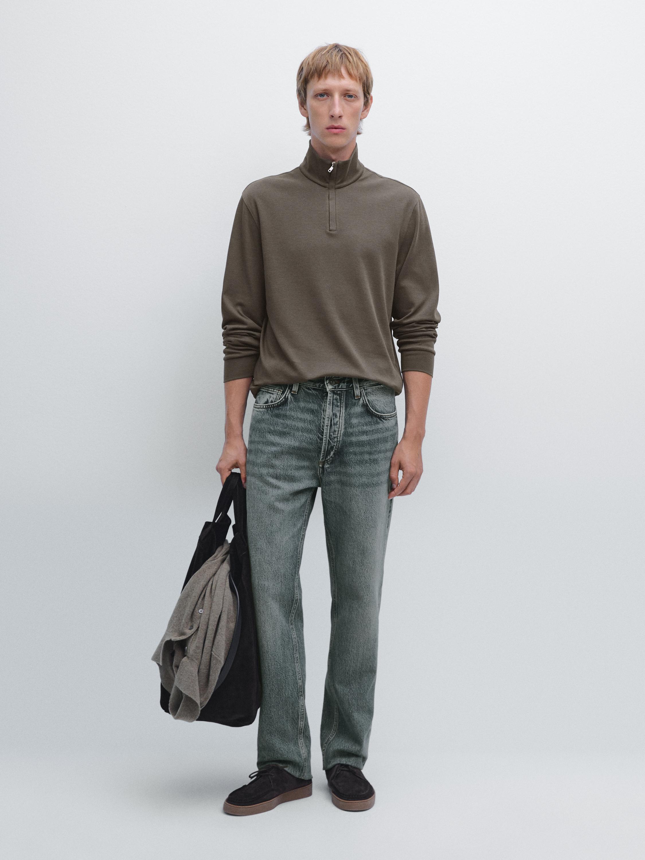 Mock neck polo shirt with zip · Vert Foncé, Bleu Marine | Massimo Dutti