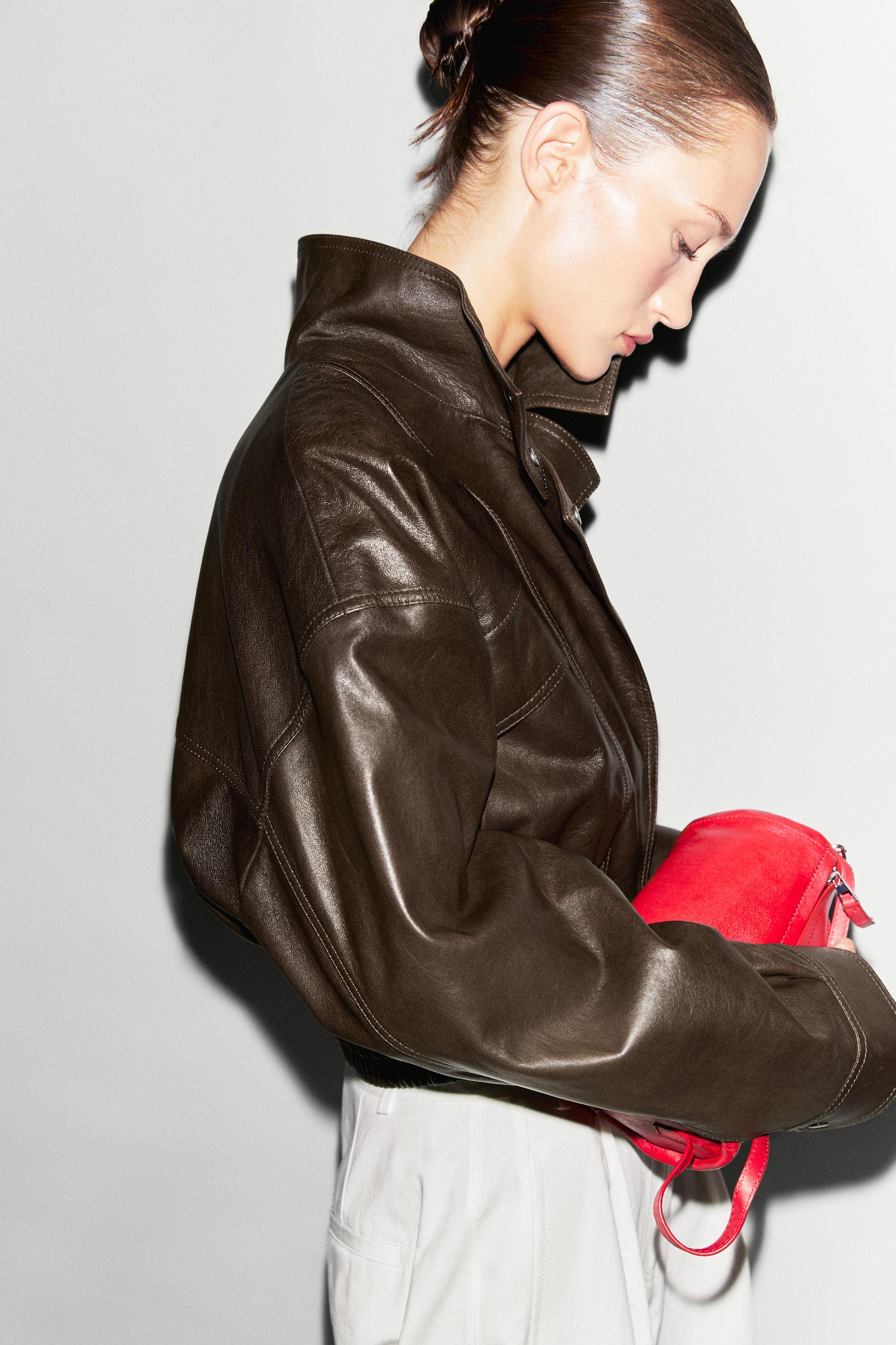 Cropped nappa leather bomber jacket