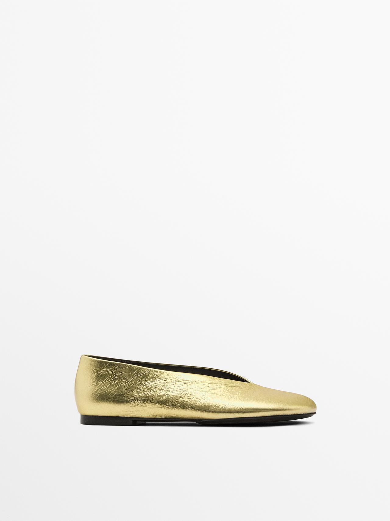 Massimo Dutti - Dame - Ballerinasko I Skind Med Metalliseret Look - Guld - 41