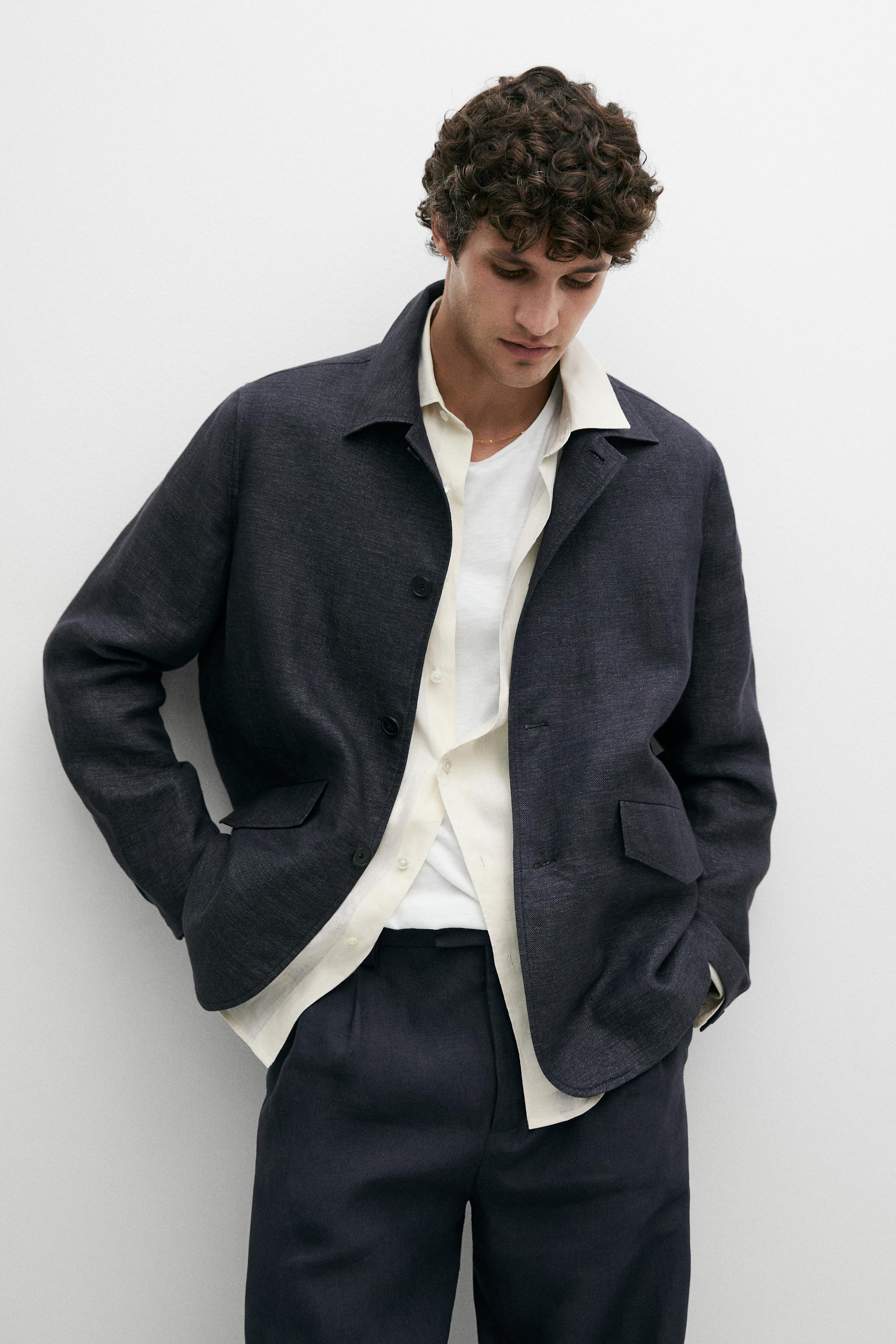 100% linen total look melange overshirt — INK BLUE