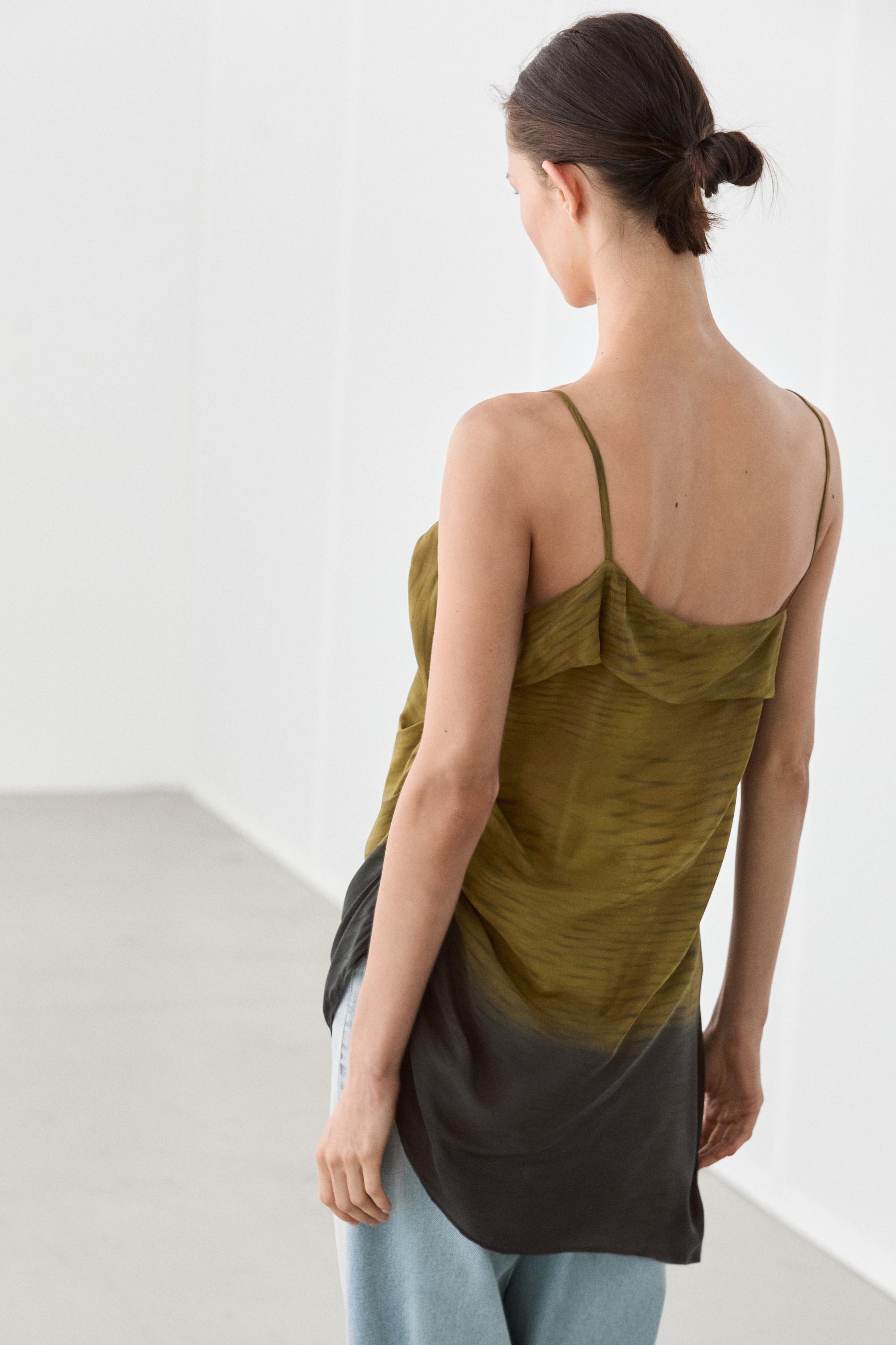 Asymmetric strappy top with draped detail — KHAKI GREEN