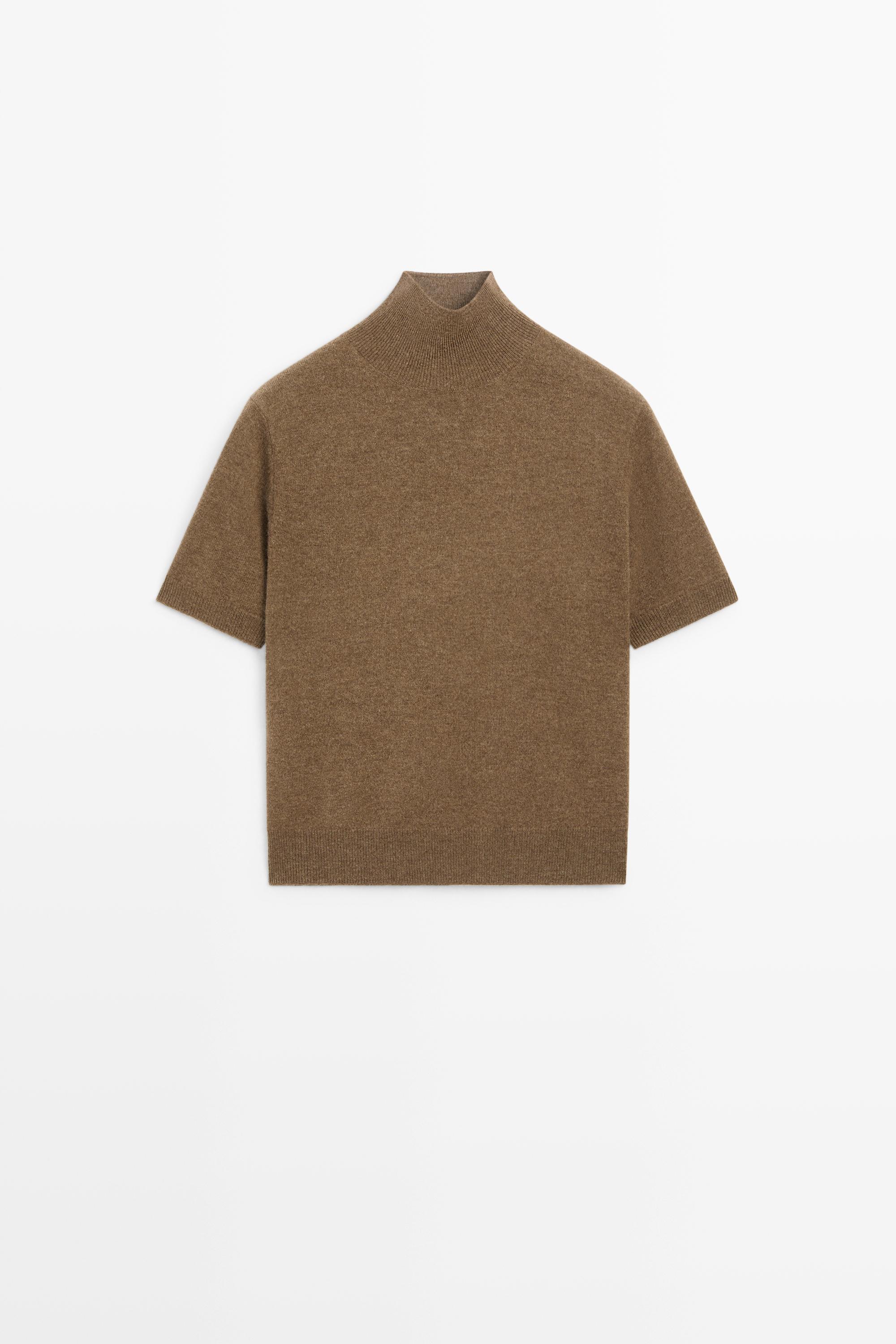 Wool-cashmere blend short sleeve knit sweater — BROWN MARL