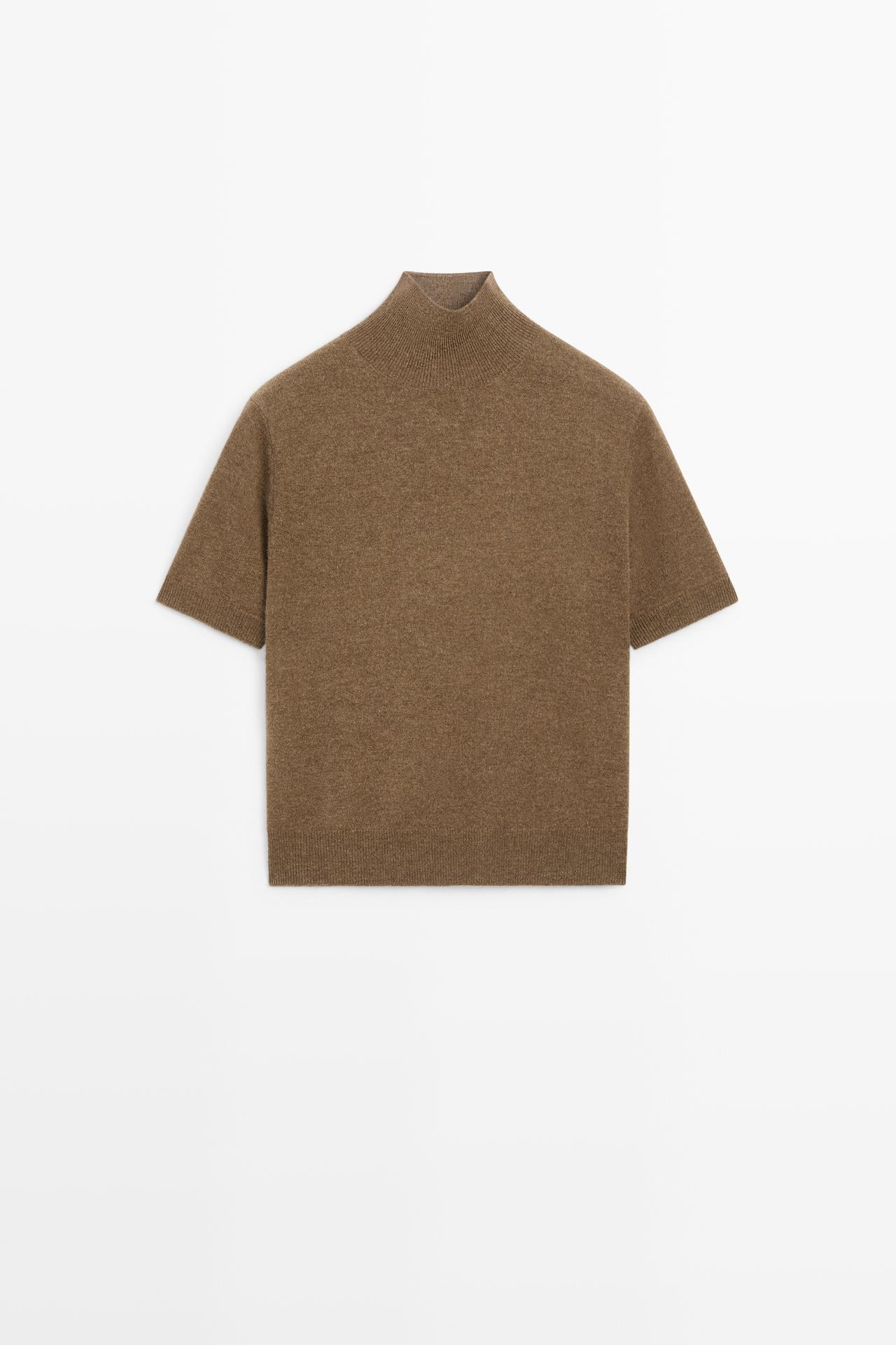 Wool-cashmere blend short sleeve knit sweater — BROWN MARL