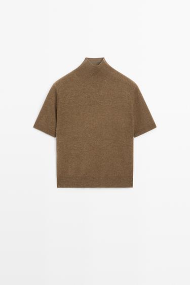 Wool-cashmere blend short sleeve knit sweater — BROWN MARL 2