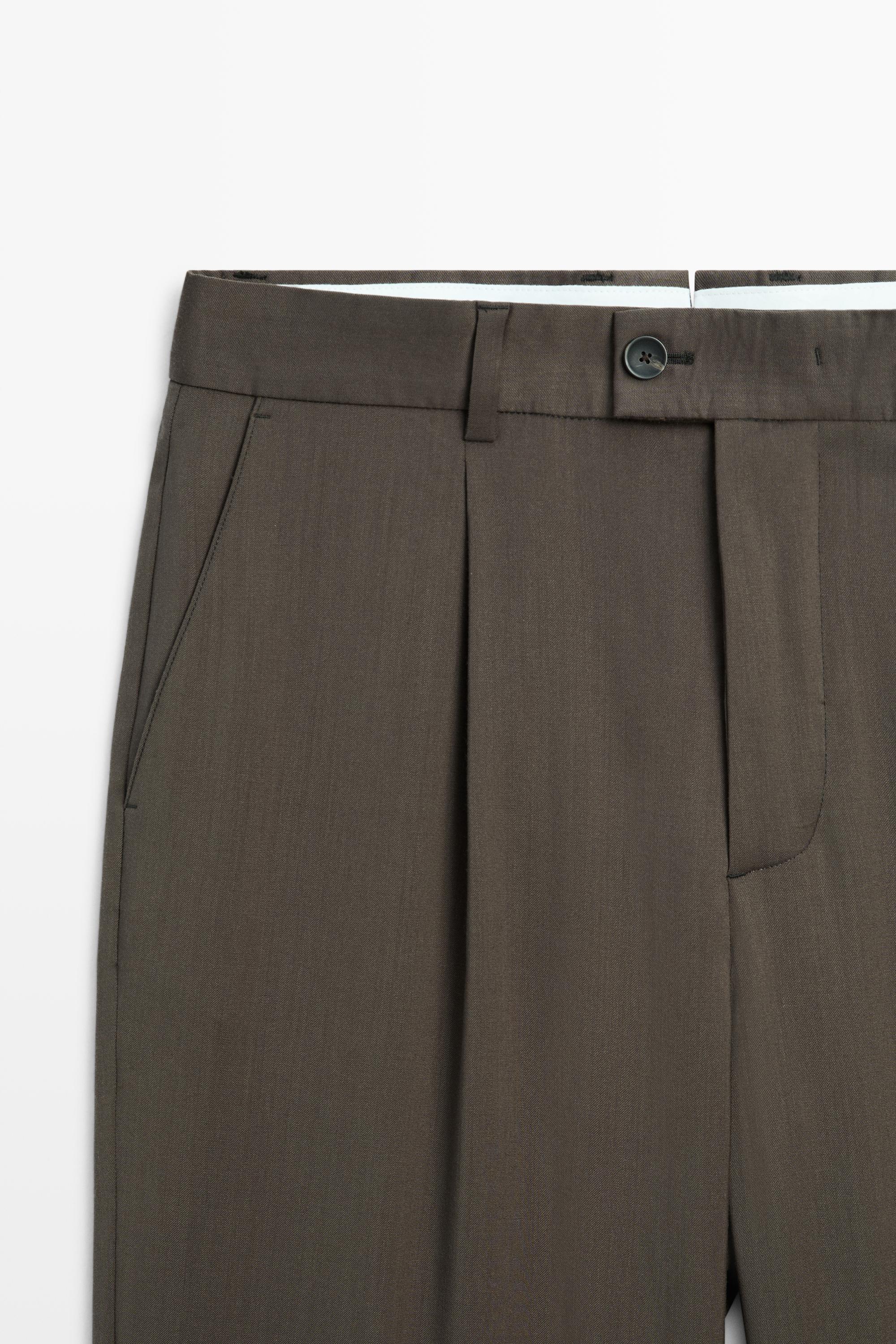 Relaxed-fit darted 100% cool wool pants — Greyish green