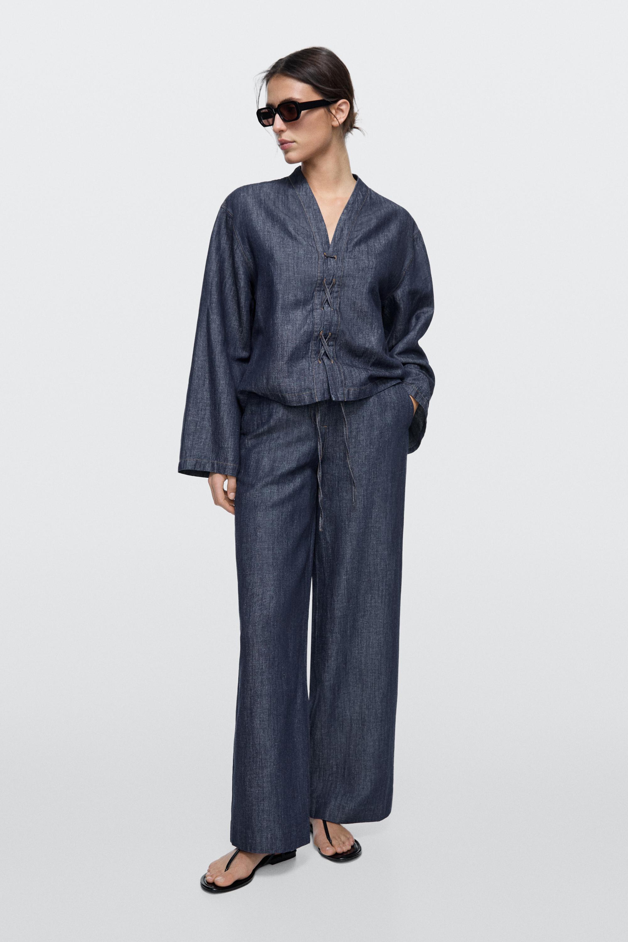 Total look linen blend denim shirt — DARK BLUE