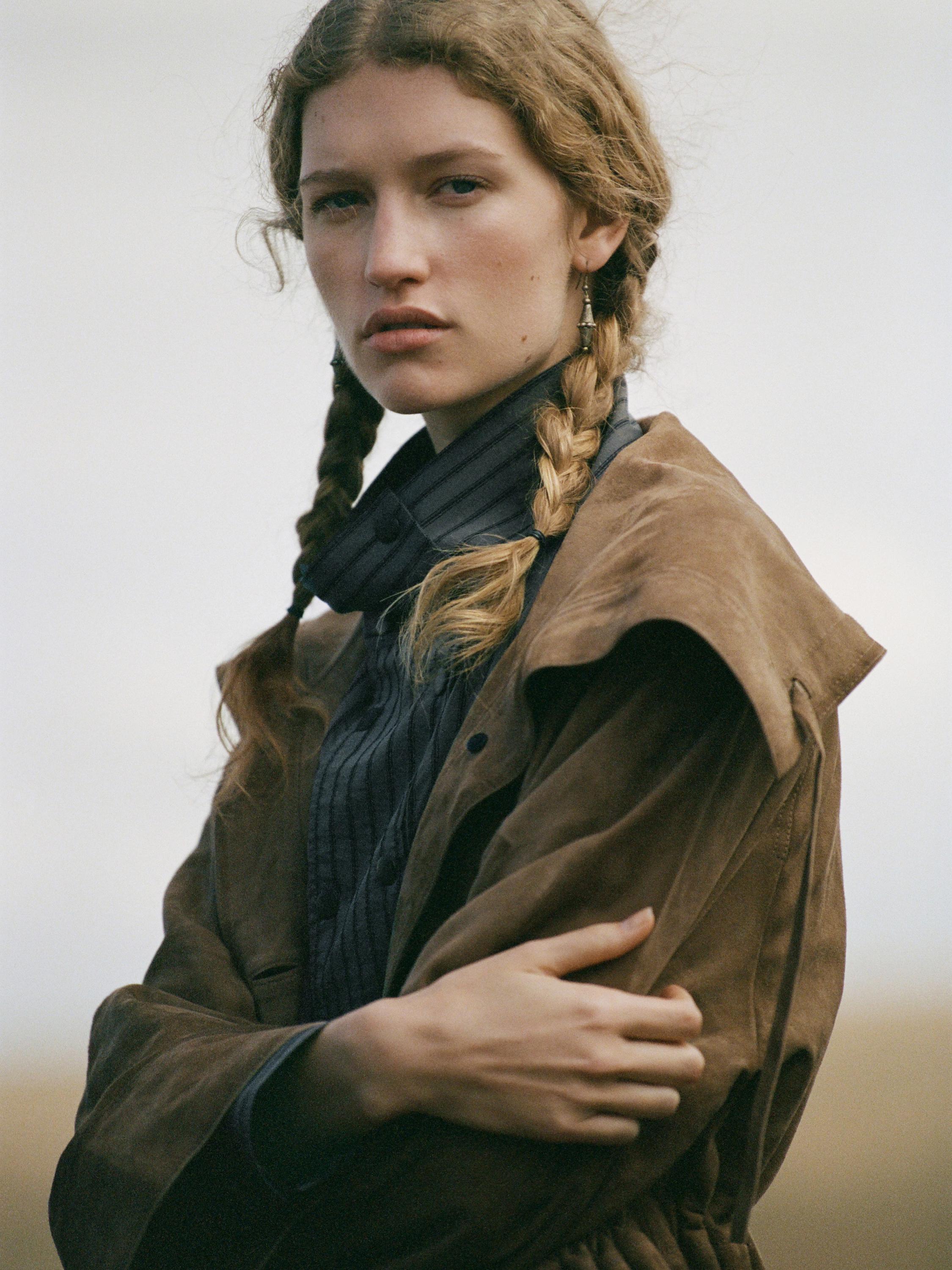 Suede leather high neck parka — Washed