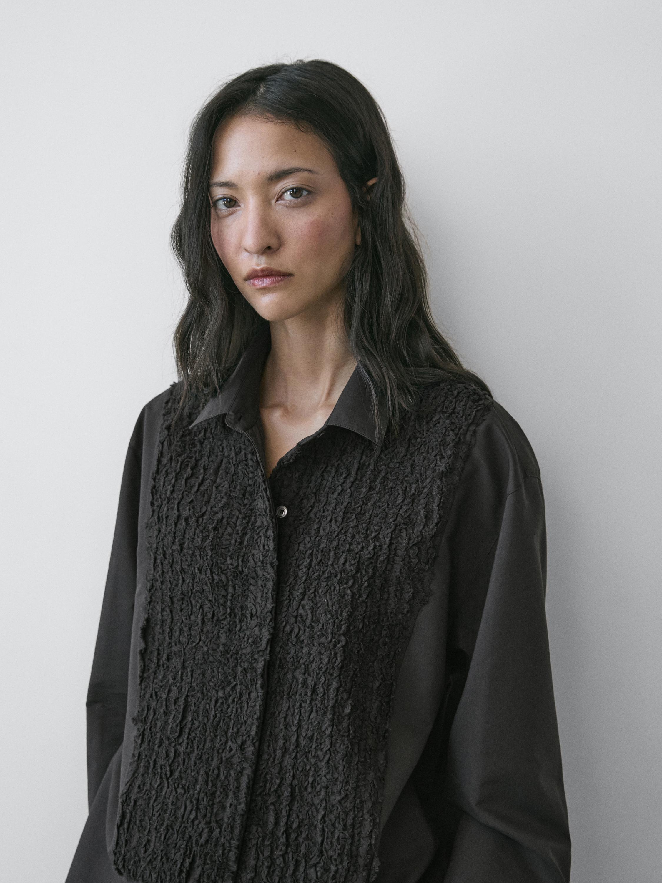 Bib front shirt with embroidered detail — BLACK