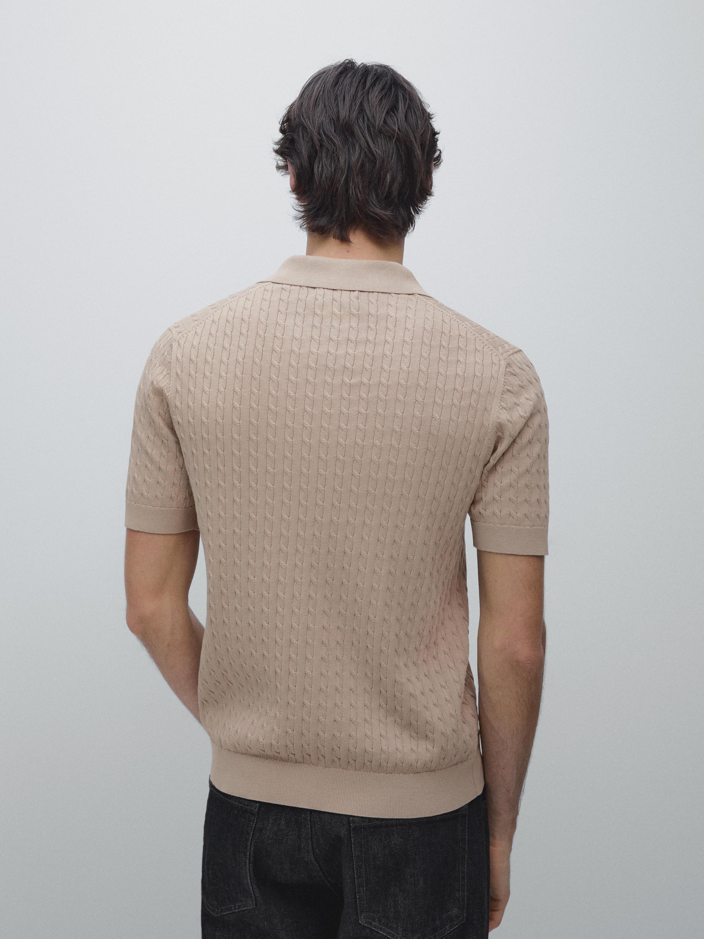 100% cotton cable-knit polo shirt — Sand beige