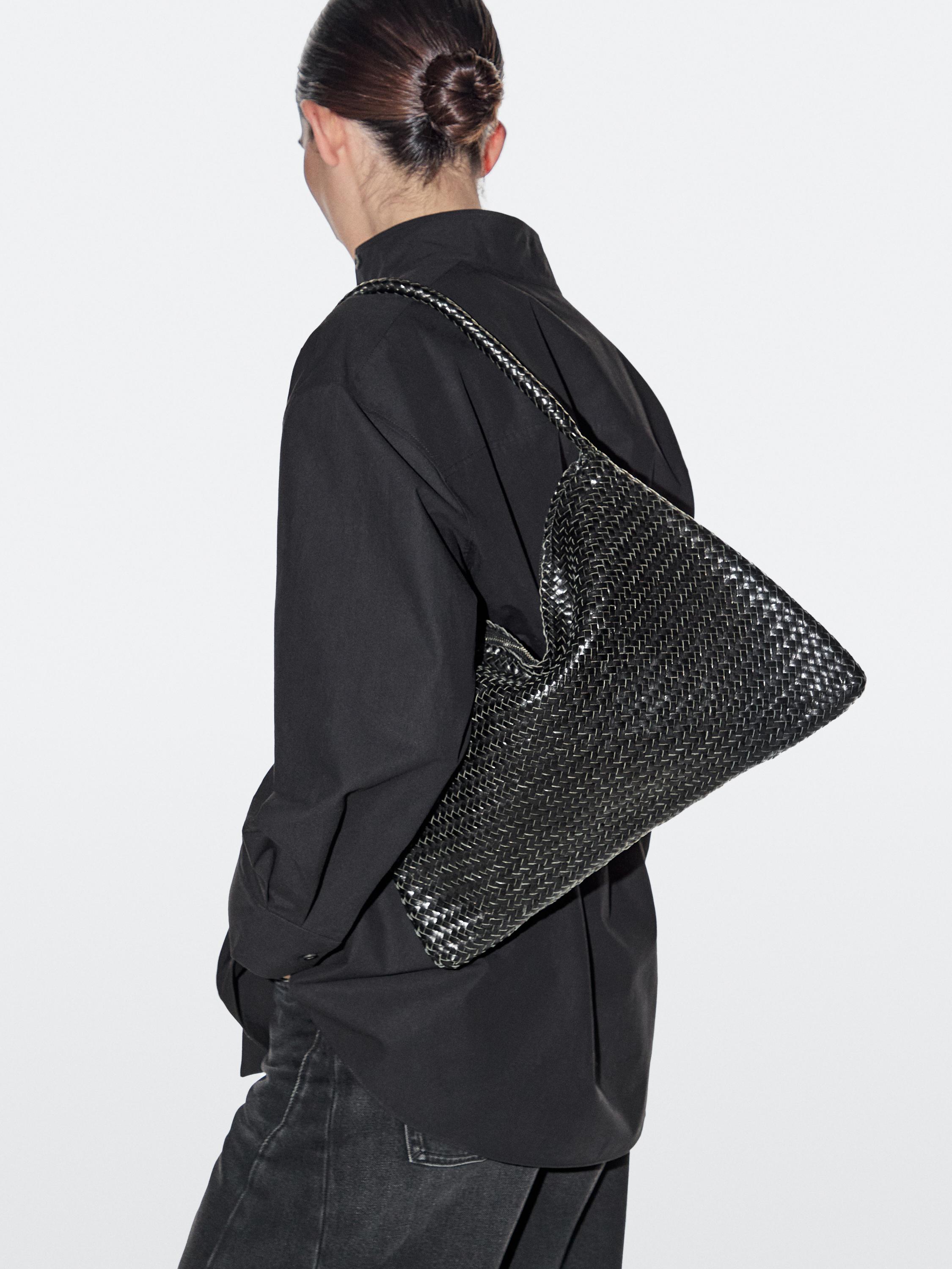 Mid-sized braided leather shoulder bag — BLACK