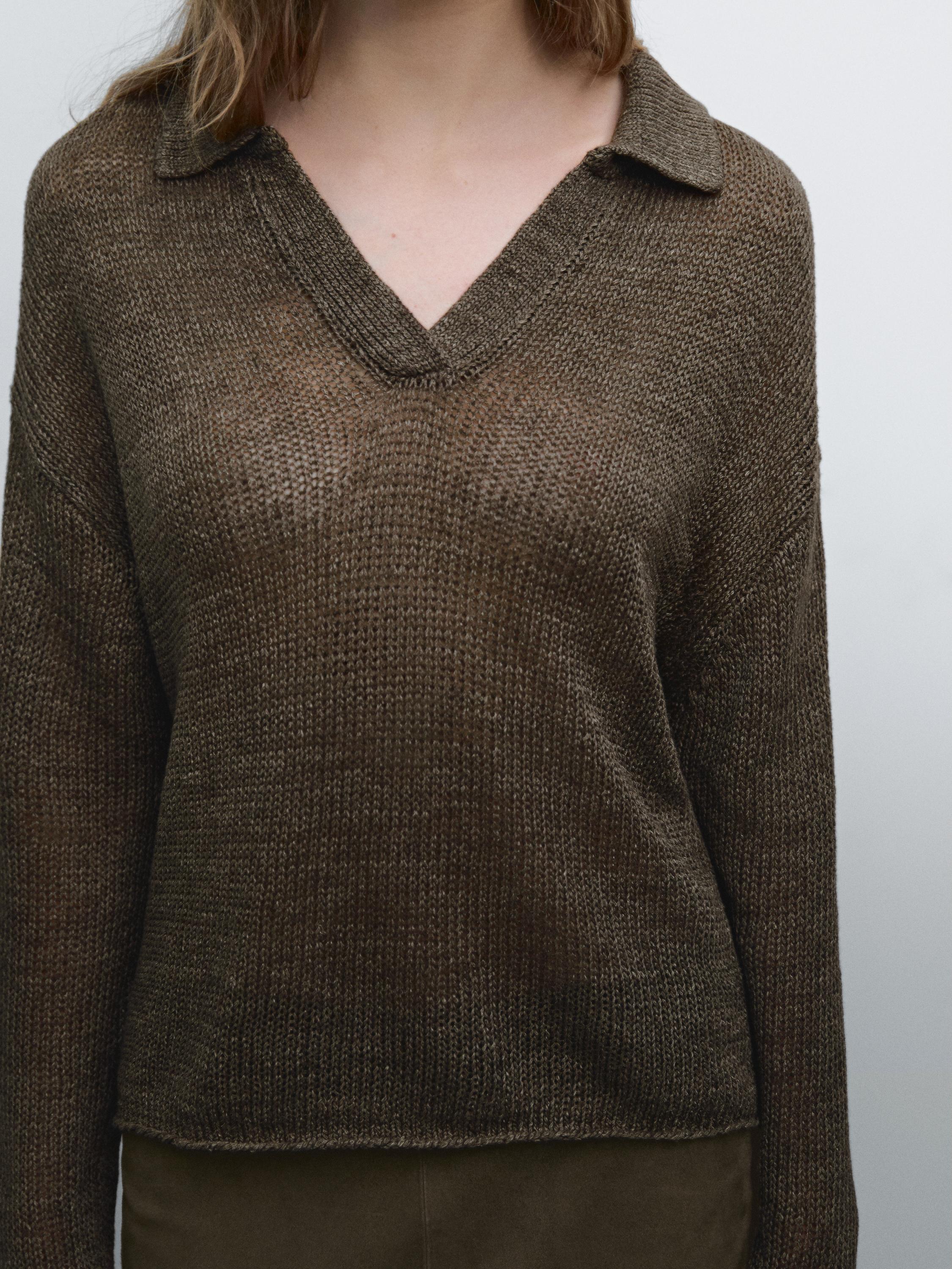 Linen polo collar knit sweater
