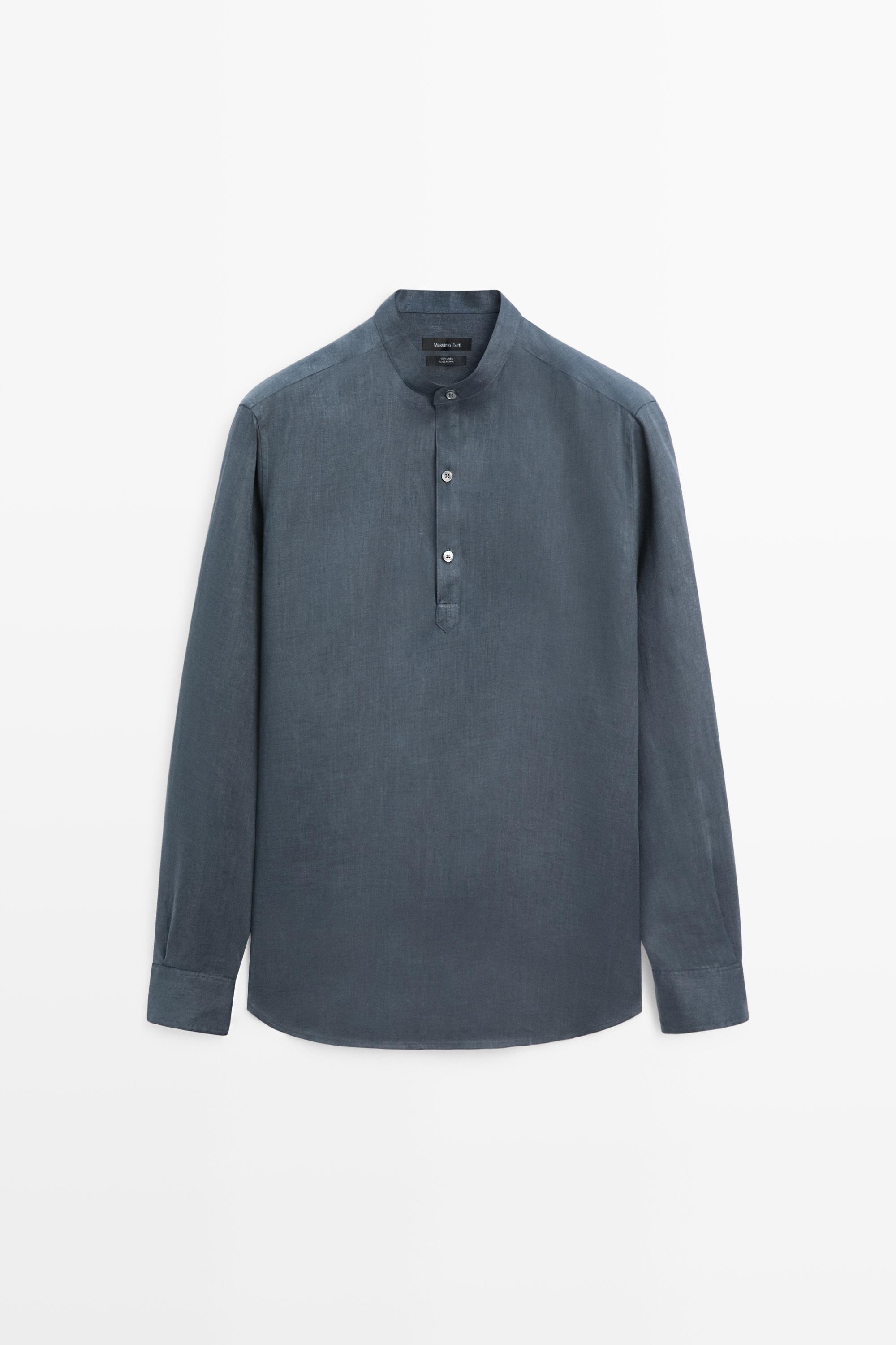 Regular fit stand collar 100% linen shirt — PETROLEUM