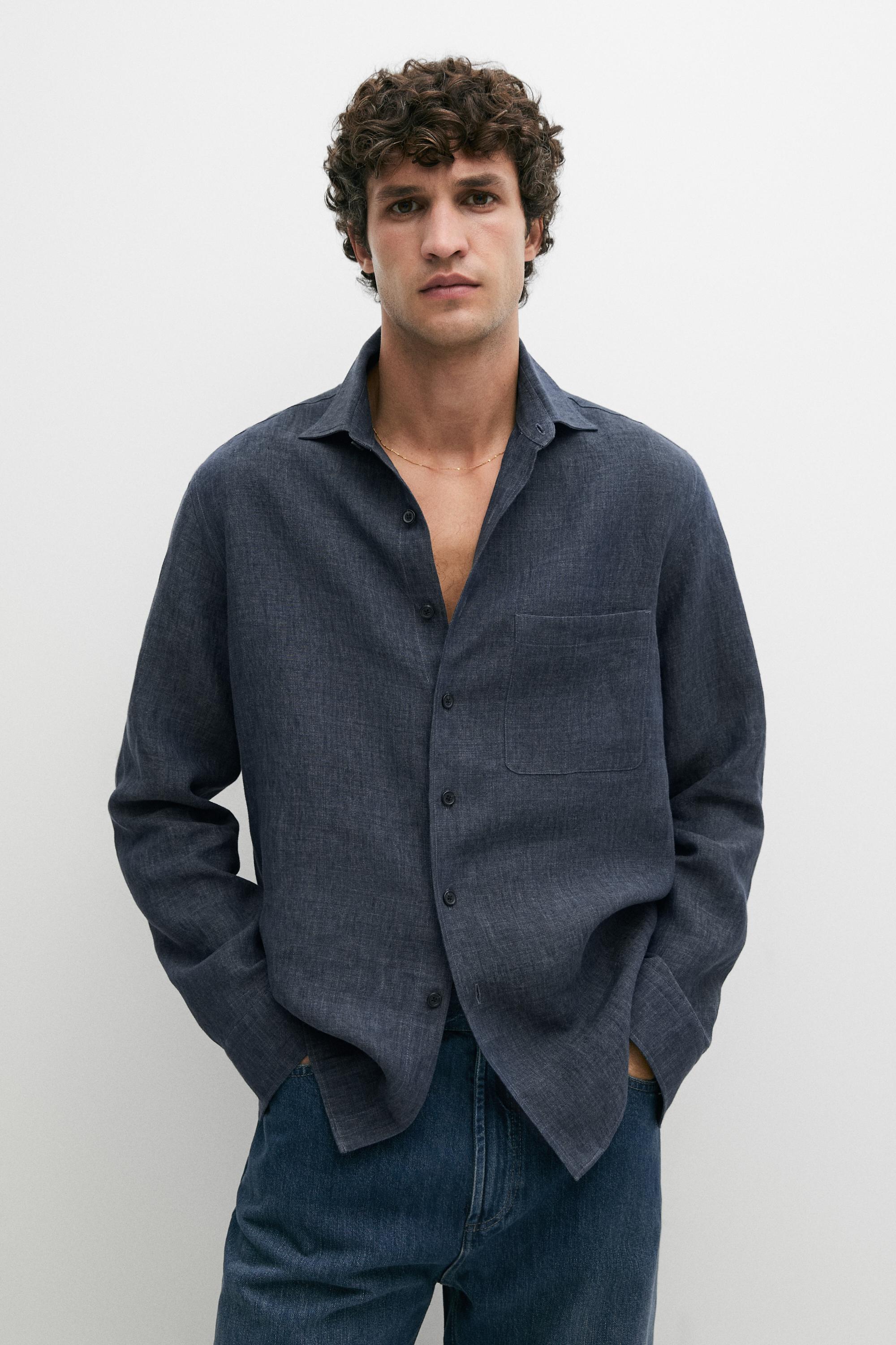 100% linen shirt with pocket — BLUE