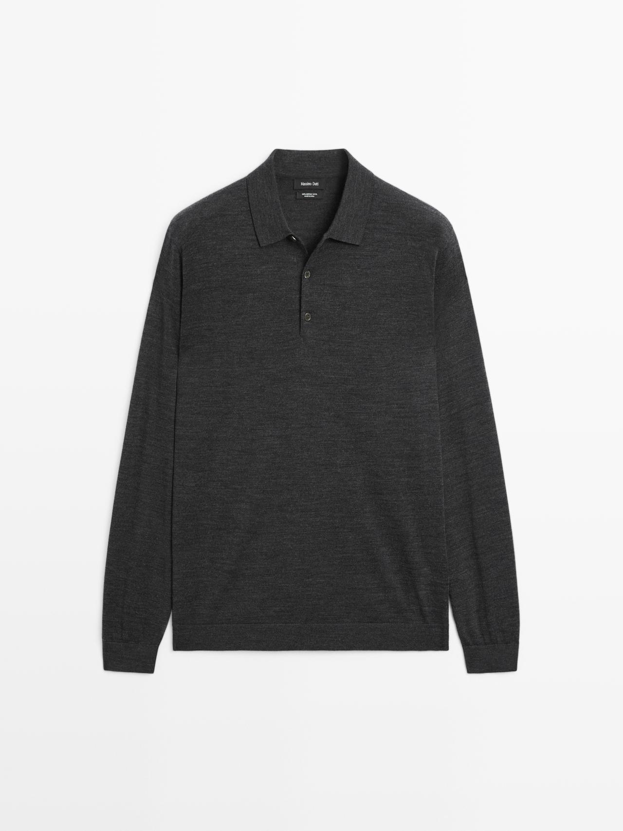 Massimo Dutti - Heren - 100% Merinoswollen Tricot Polotrui - Donkergrijs - S