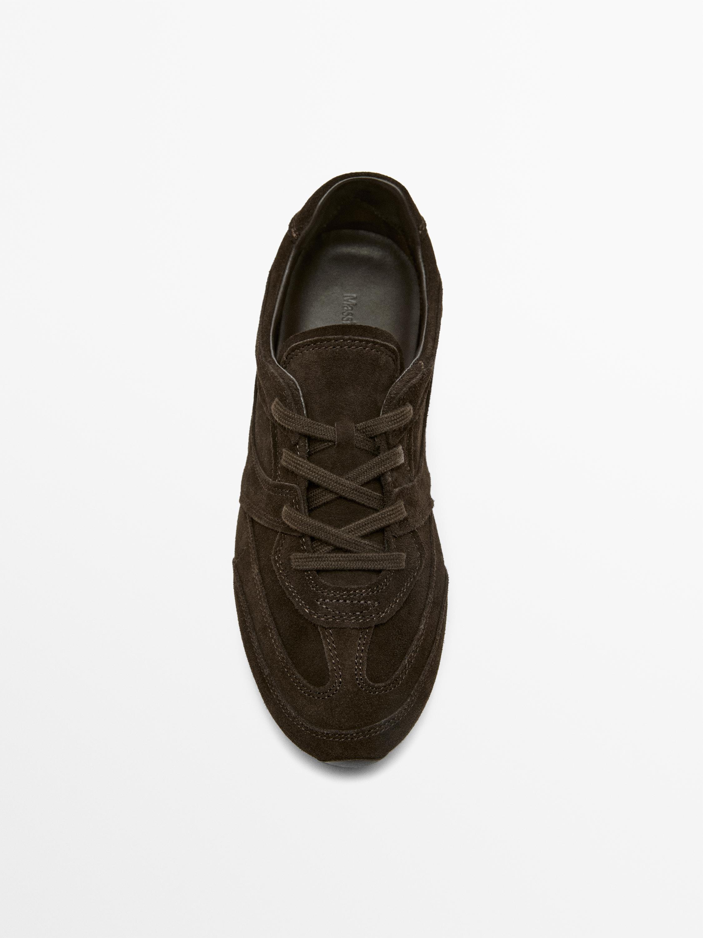 Split leather trainers with piece details — GREY