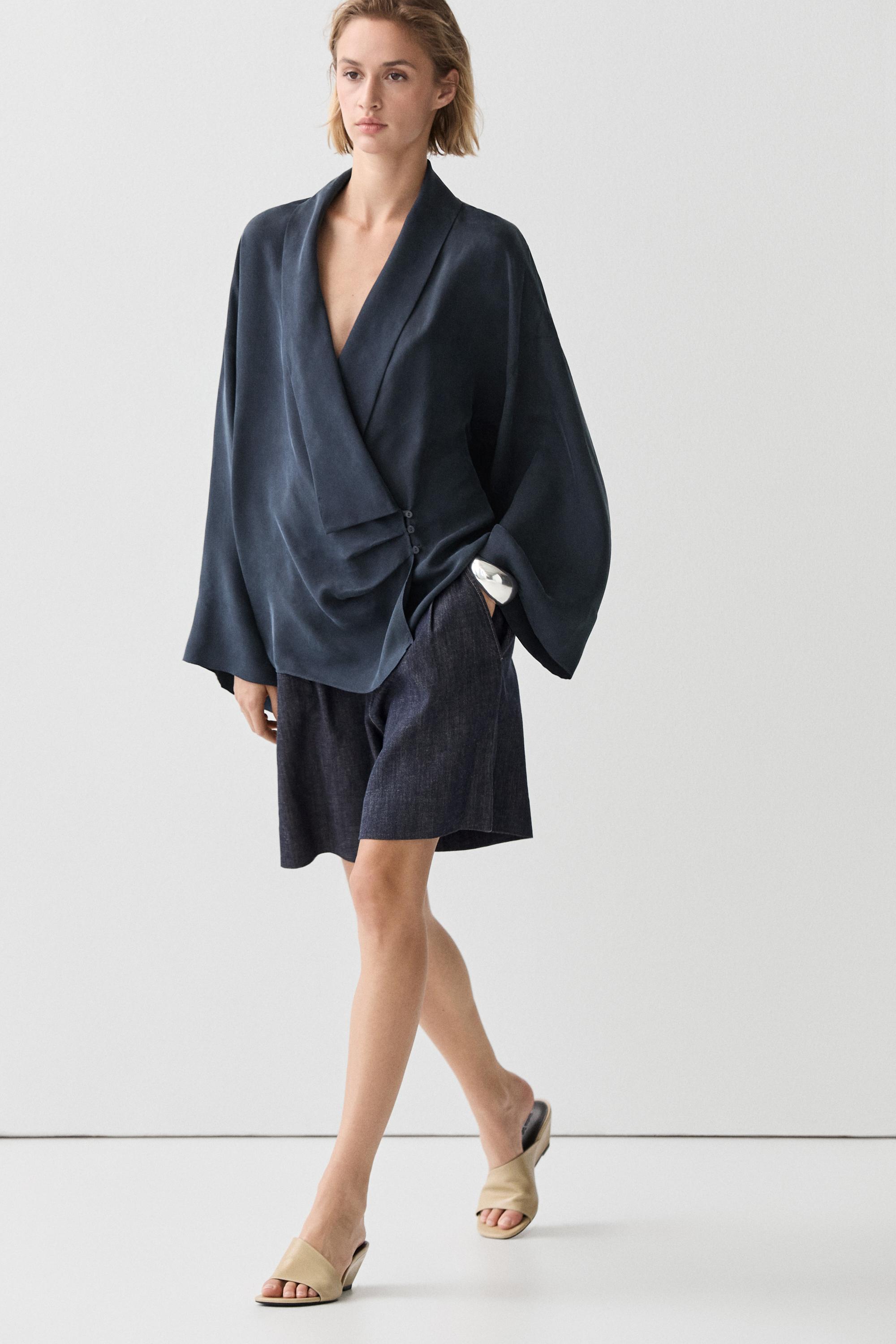 Flowing gathered wrap blouse — NAVY BLUE