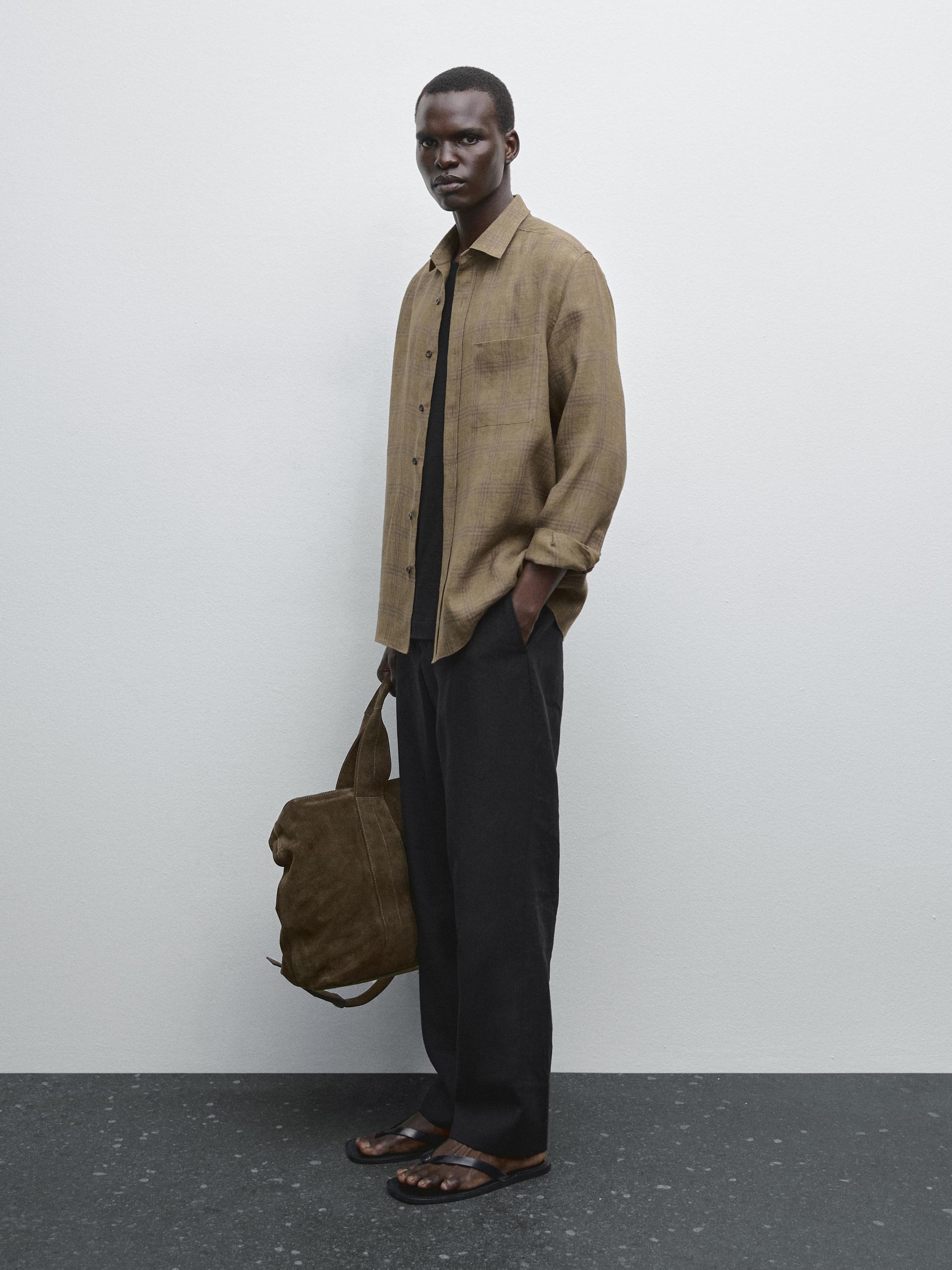 Lniana Koszula O Kroju Regular Fit W Kratkę - Zielonkawy - L - Massimo Dutti - Mężczyzna