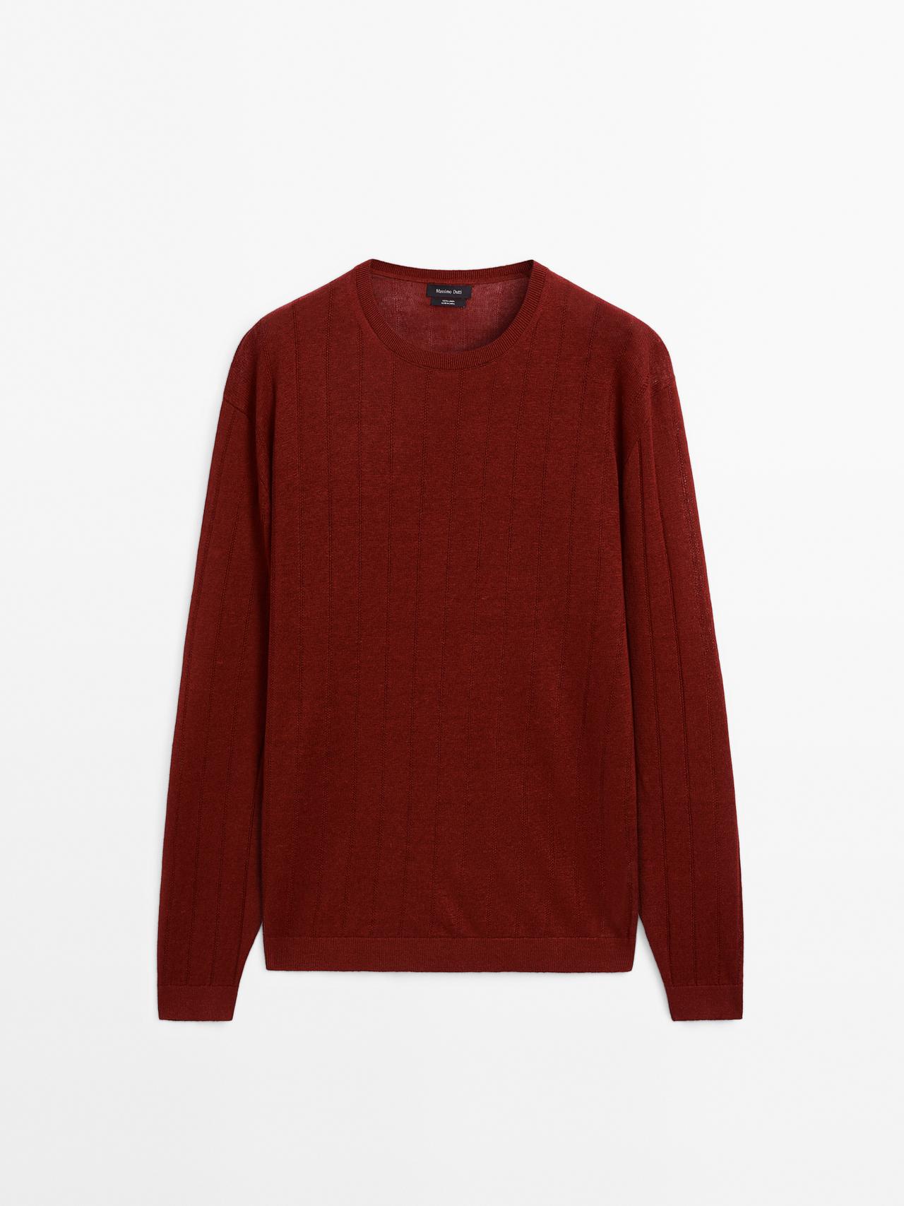 Massimo Dutti - Herre - Trøje I 100 % Hør Med Rund Hals - Vinrød - Xl