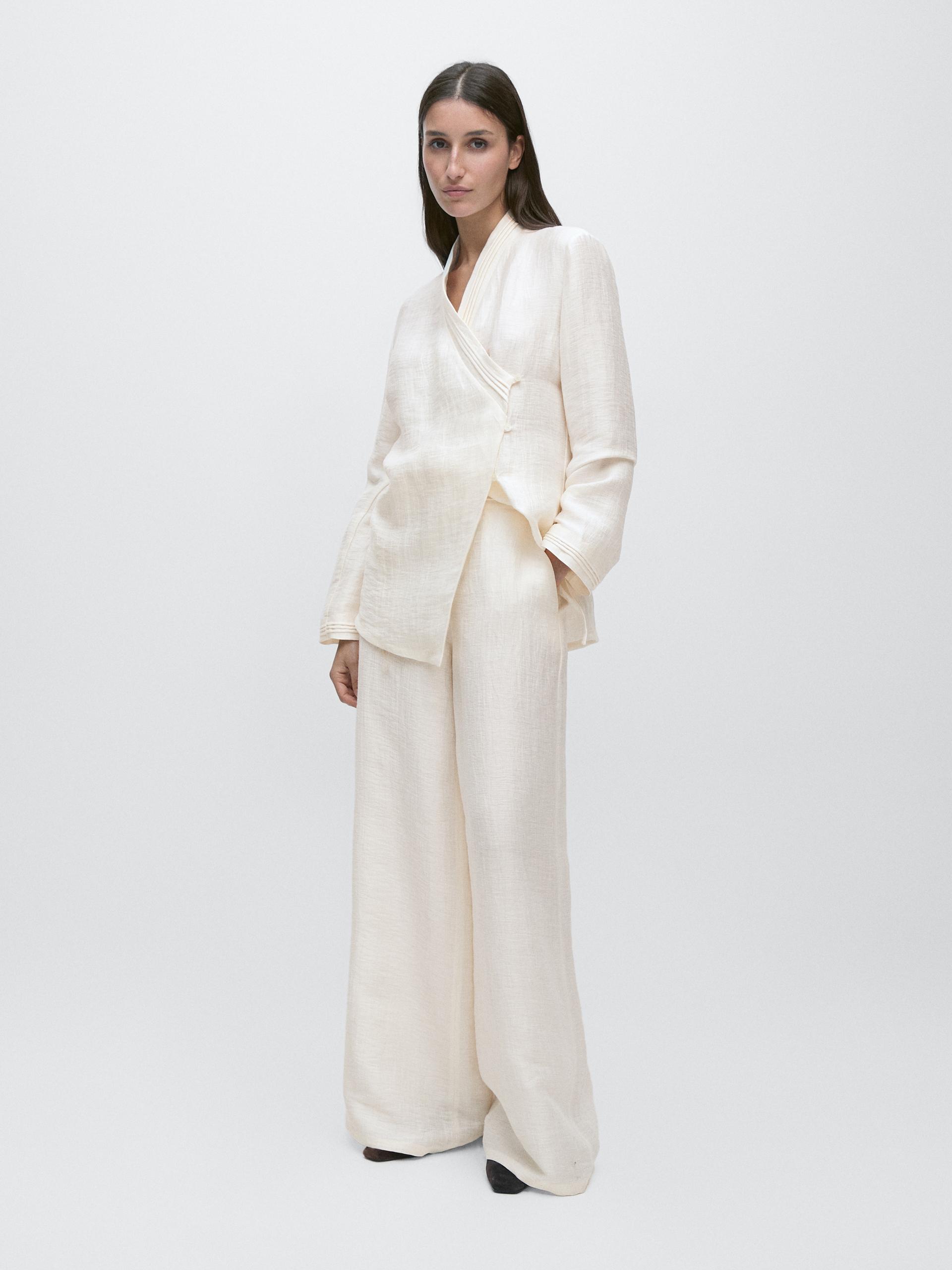 Pantaloni Morbidi Con Dettaglio In Vita In Misto Lino - Bianco Roto - 34 (It 38) - Massimo Dutti - Femminile