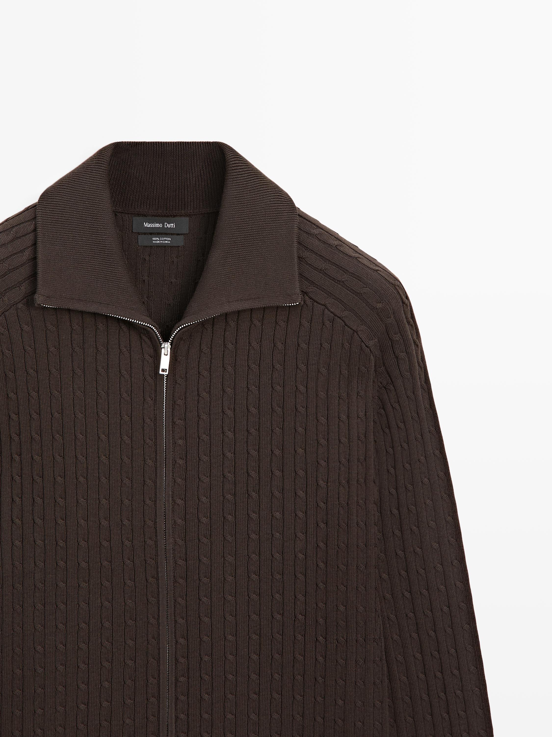 Cotton cable-knit cardigan with zip — BROWN MARL