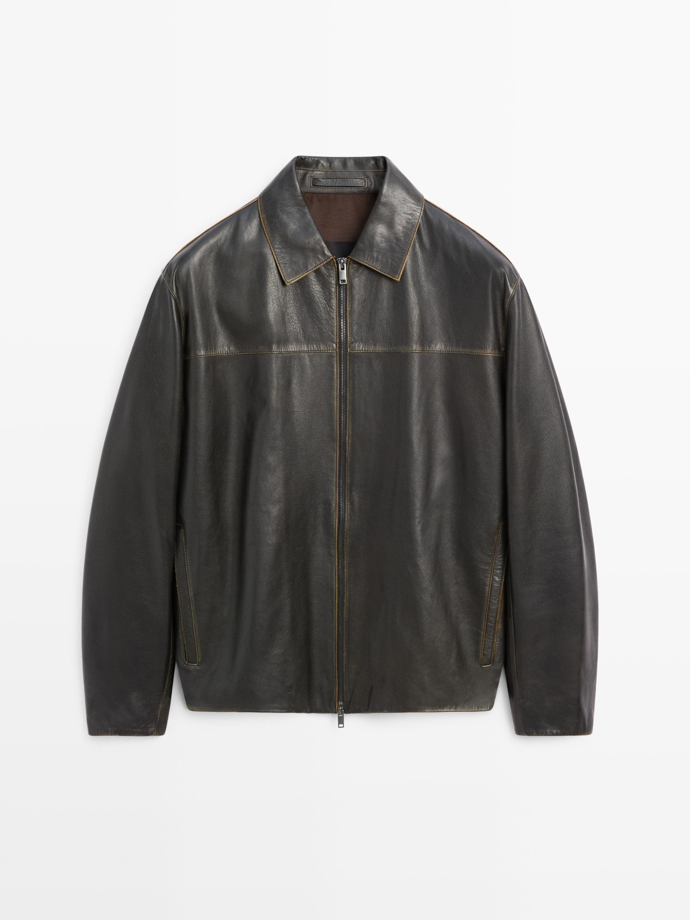 Distressed effect leather jacket — BROWN