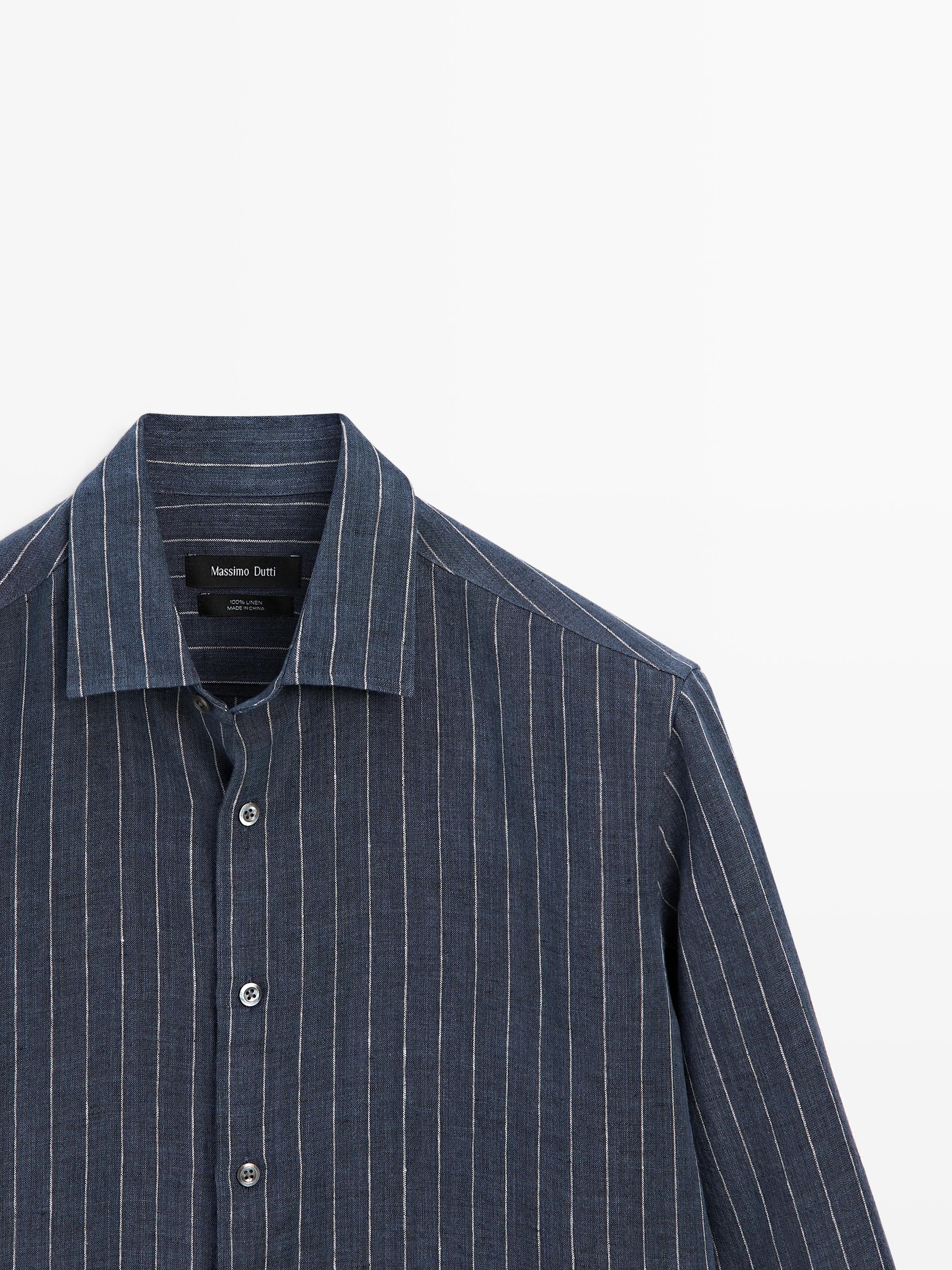 Regular fit 100% linen striped shirt — FADED BLUE