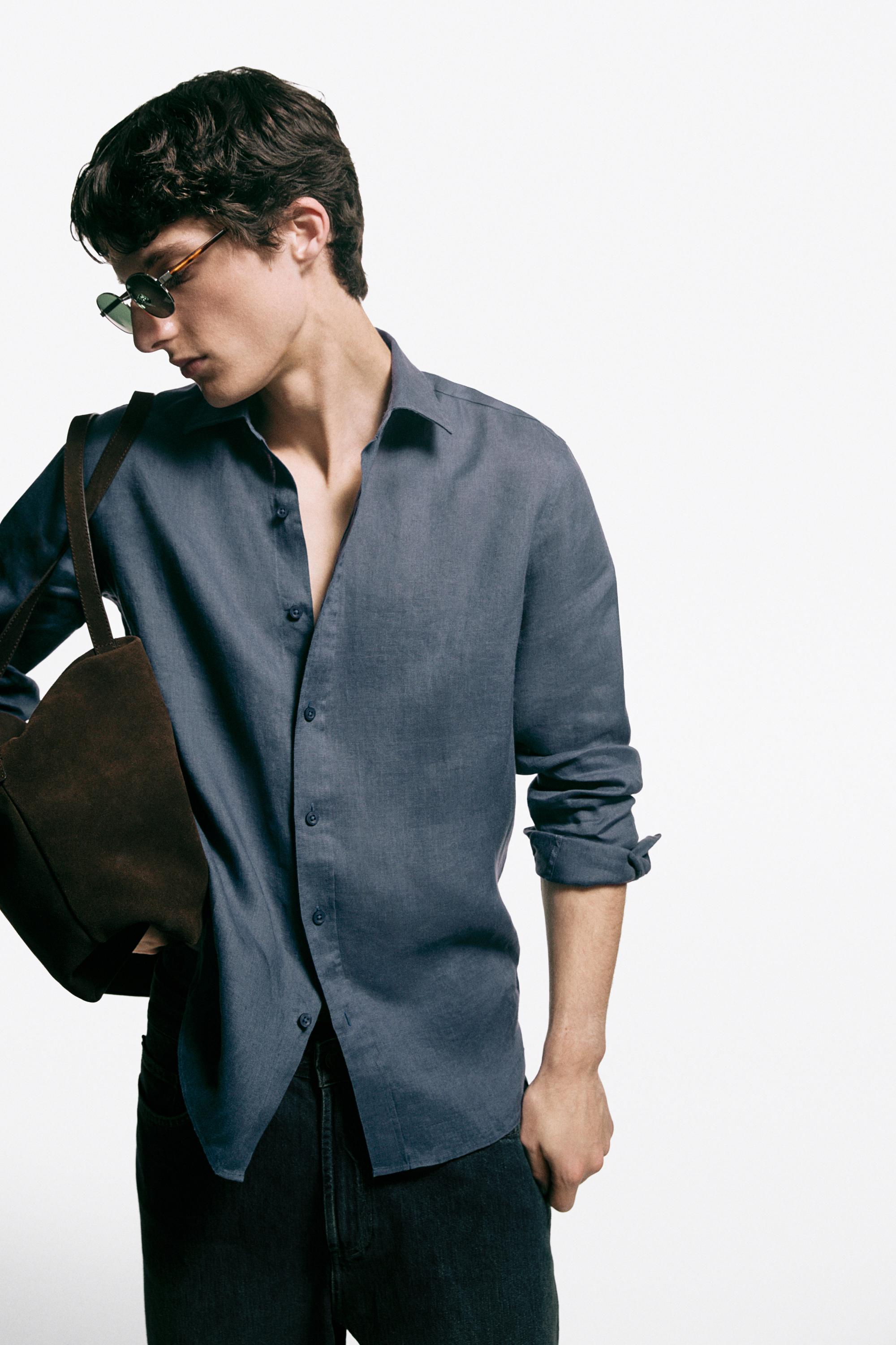 100% linen slim fit shirt — DARK BLUE