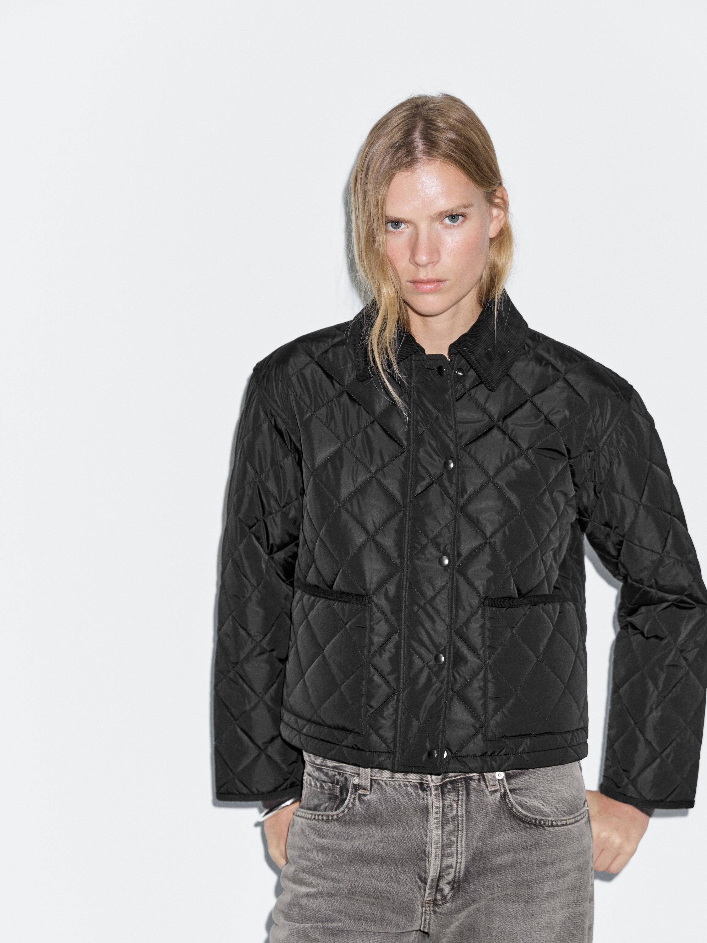 Short lightweight puffer jacket with corduroy detail