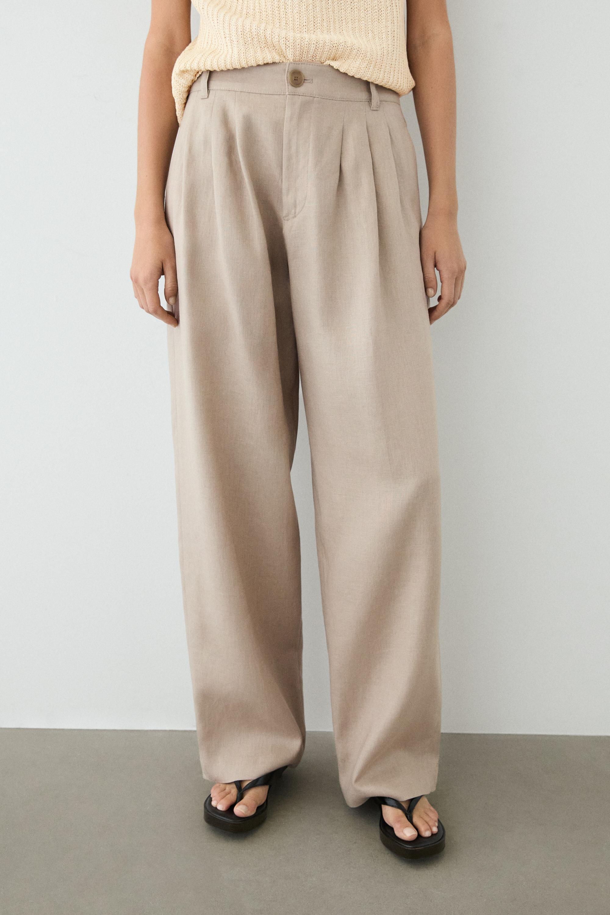 Wide-leg pleated linen trousers — STONE