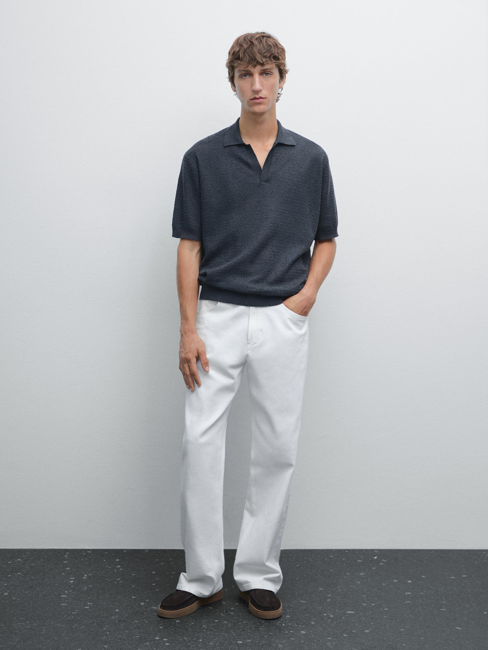 Polo En Maille Lin Et Coton - Bleu Marine - L - Massimo Dutti - Homme