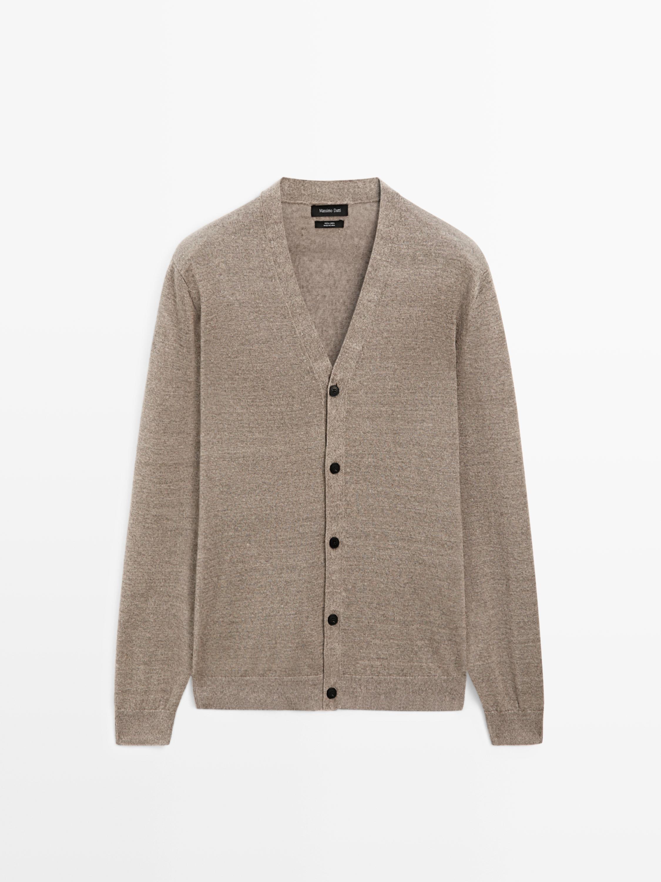 Linen knit cardigan with buttons — SAND BROWN